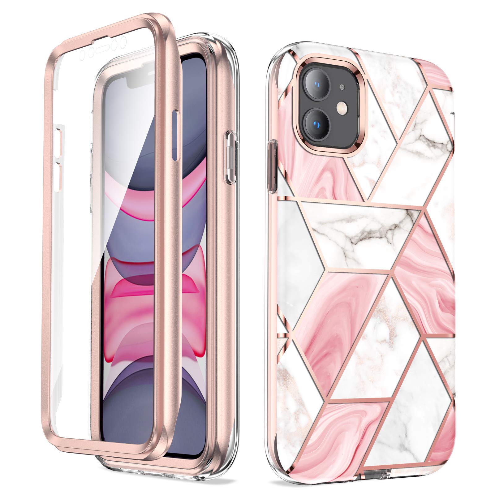 SANKTON iPhone 11 Case (6.1 Inch 2019 Model) - Shockproof Full Body Protective Cover with Built-in Screen Protector | Pink Marble Check Design | Perfect for Daily Use, Travel & Outdoor Activities