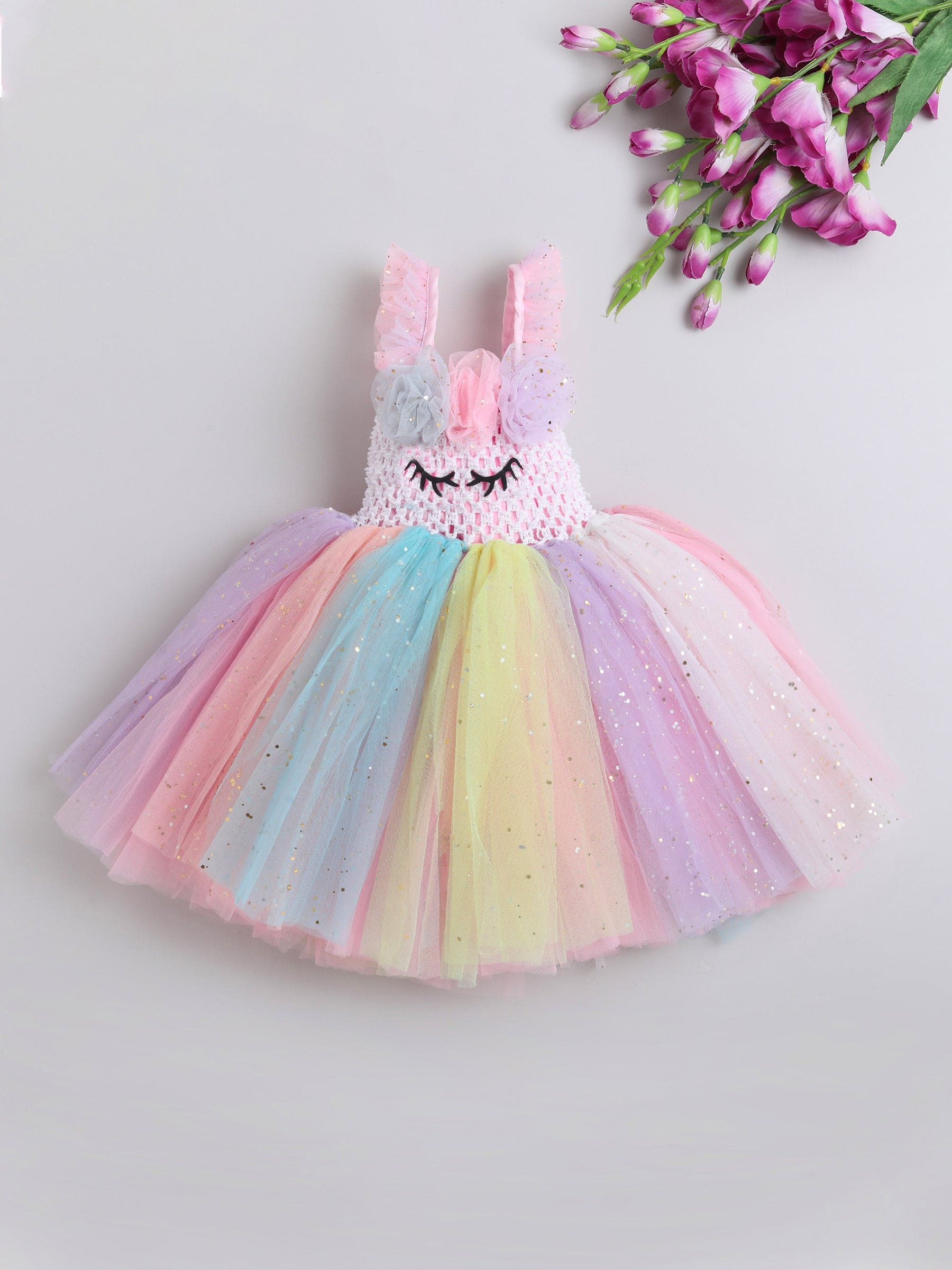 Pre-Order Floral Unicorn Knee-Length Dress - Multicolor Fantasy Costume for Kids Birthday Parties & Photo Shoots