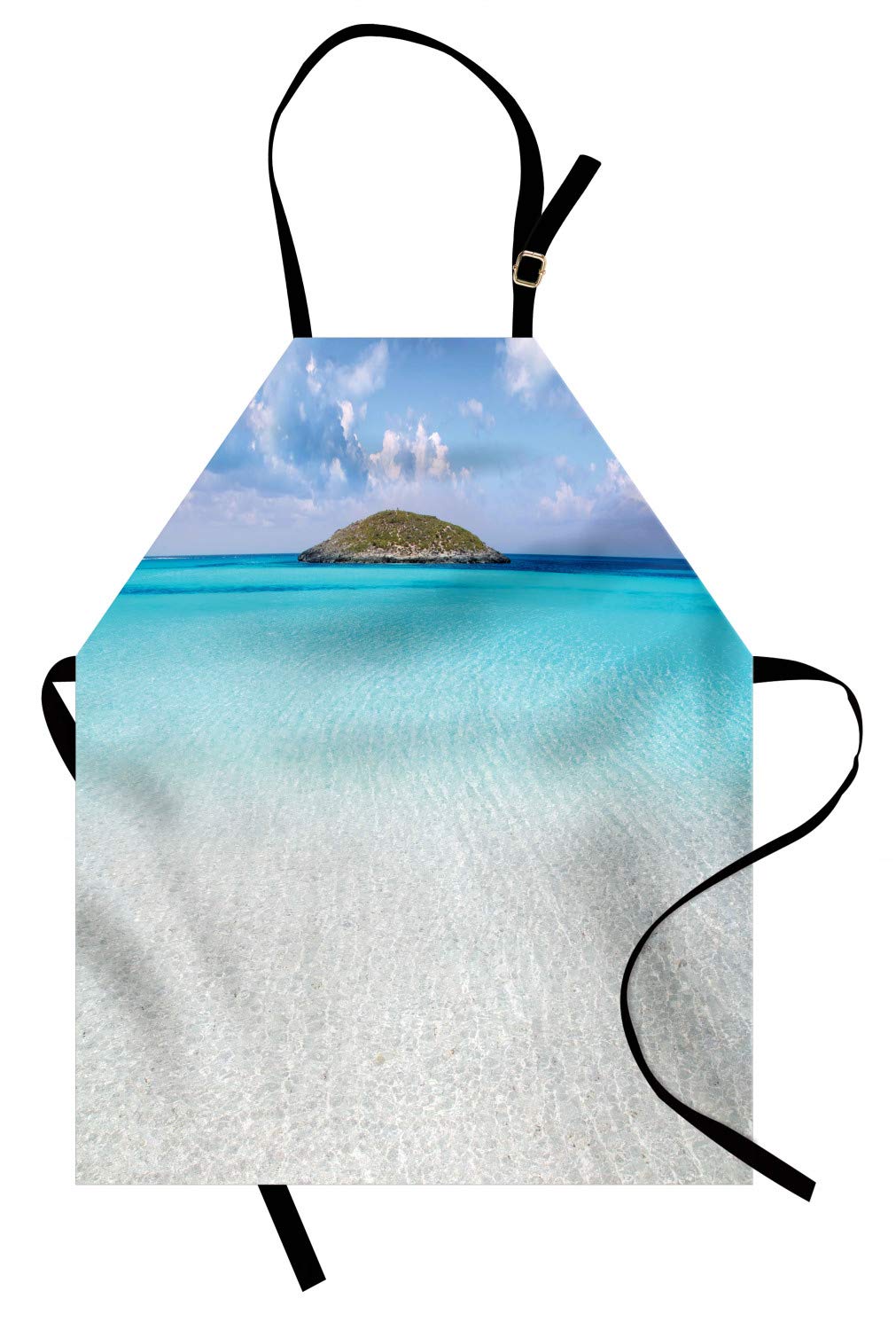 Ambesonne Ocean Apron - Caribbean Paradise Beach Island Print Adjustable Bib Apron for Baking, Painting & Cooking (Small, Cream Turquoise) | Perfect for Home Chefs, Artists & Beach-Themed Parties