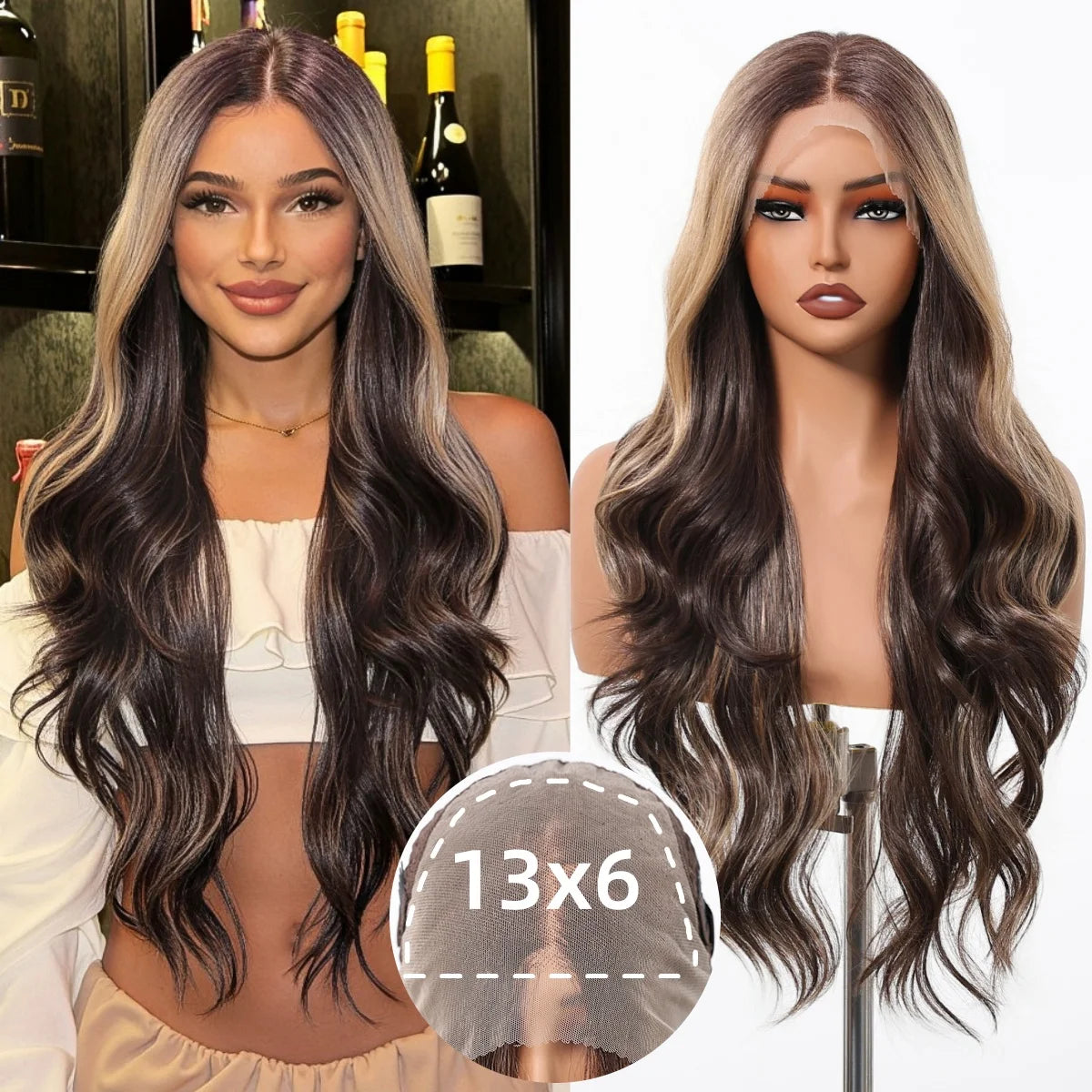 Long Brown Blonde Highlight Synthetic Hair Wig for Women - Natural Looking Straight Shoulder Length Cosplay Costume Party Daily Wear