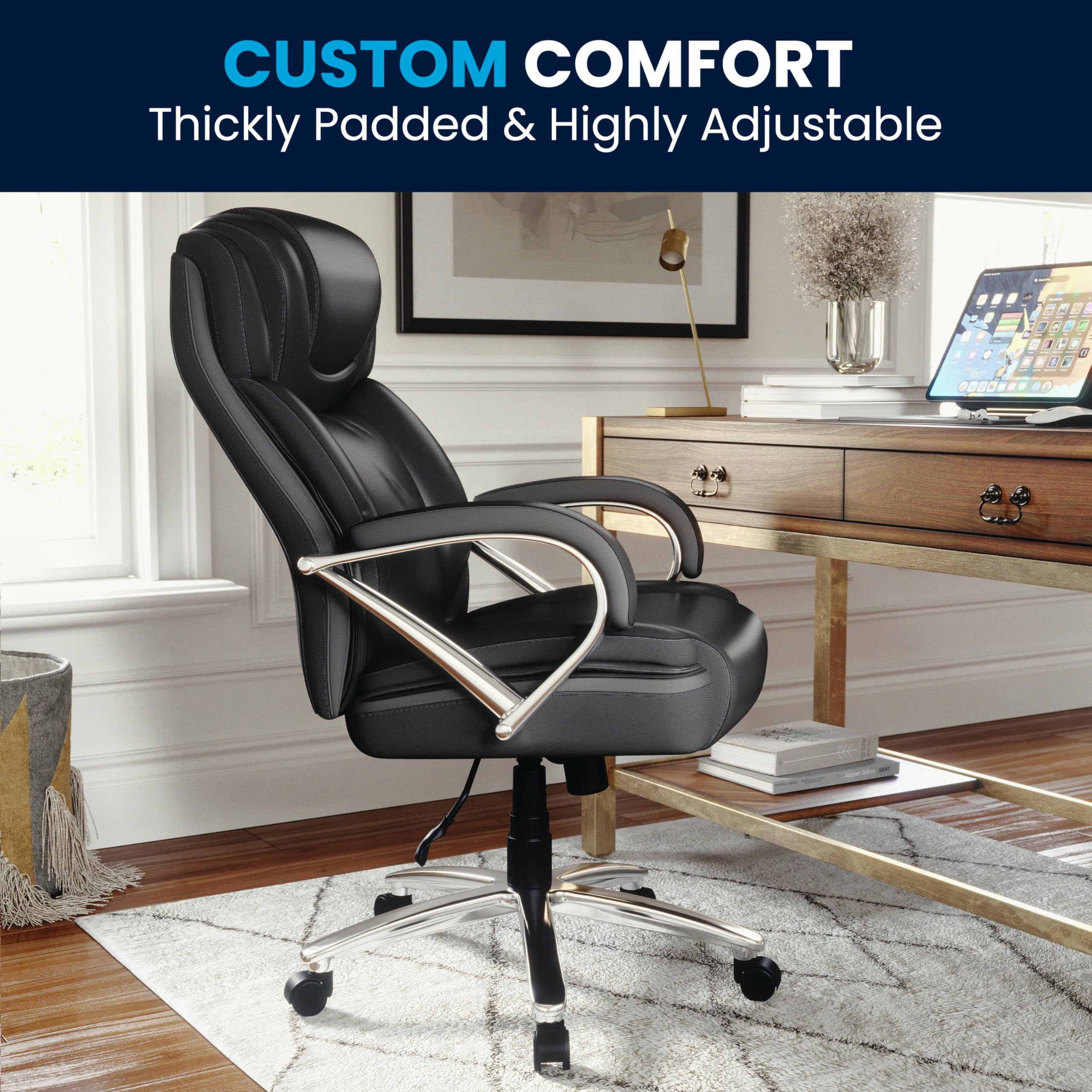 Flash Furniture HERCULES Series Big & Tall 500 lb. Capacity Black LeatherSoft Executive Swivel Ergonomic Office Chair with Extra Wide Seat - Premium Comfort for Home Office, Gaming, and Workspace (Heavy Duty Support)