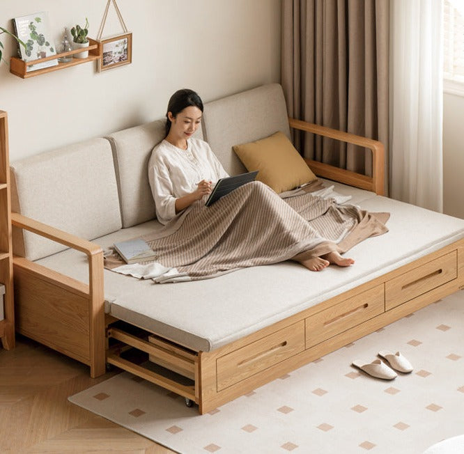 Oak Solid Wood Folding Storage Sofa Bed - Convertible Guest Bed & Space-Saving Furniture for Small Apartments, Living Rooms & Dorm Rooms
