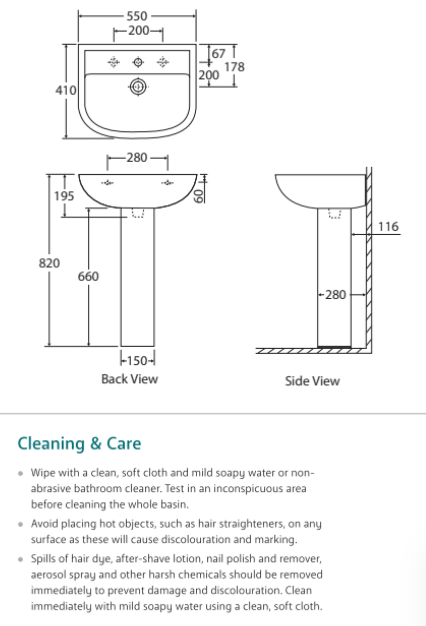 Fienza 611231W Compact 550mm White Wall Mounted Bathroom Sink with Pedestal and Single Tap Hole - Perfect for Small Bathrooms, Powder Rooms, and Modern Home Decor