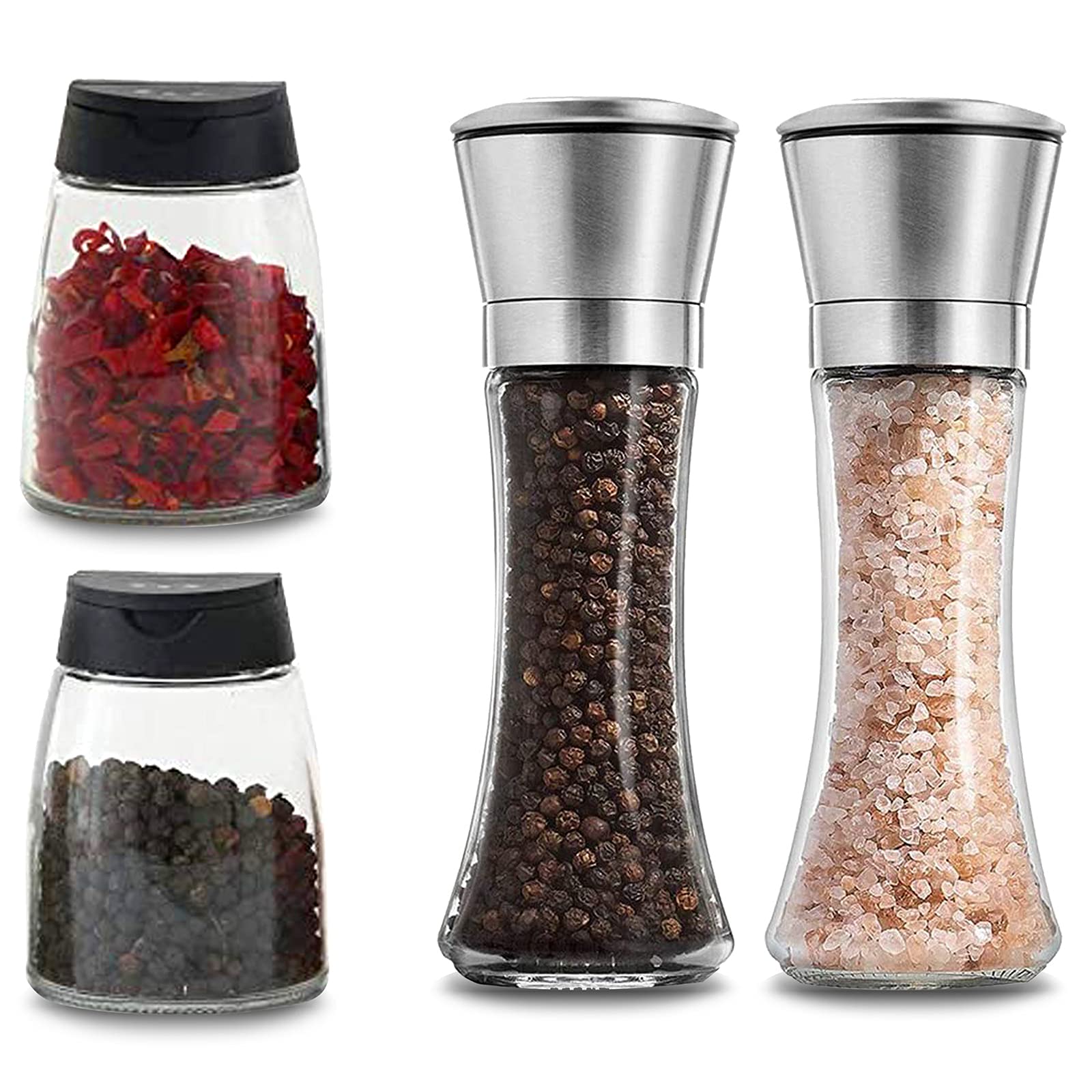 Premium Stainless Steel Salt and Pepper Grinder Set with Adjustable Coarseness - 2 Free Spice Jars & Refillable Glass Bottles - Perfect for Home Kitchen, BBQ, Camping & Restaurant Use
