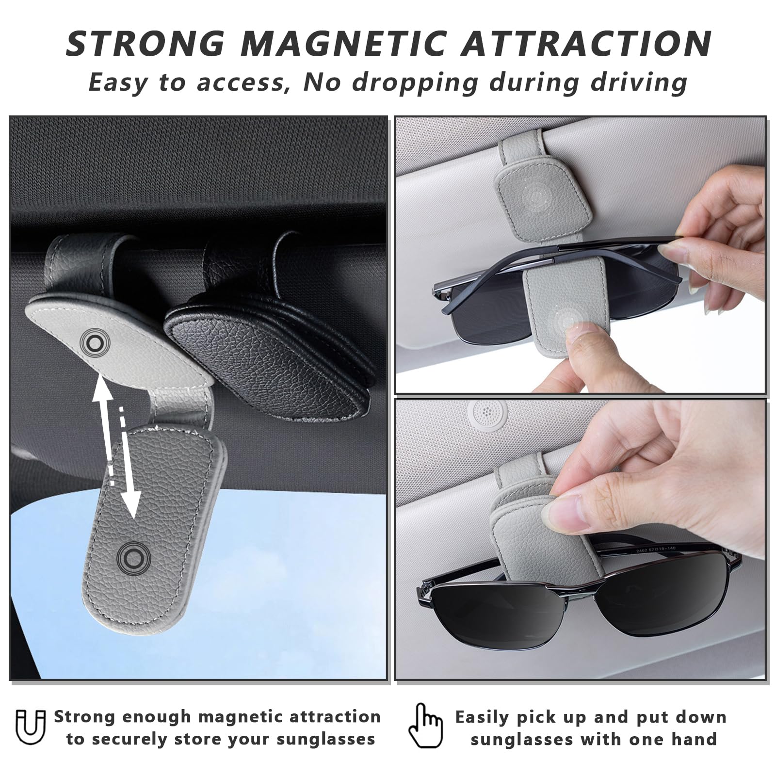 Magnetic Leather Sunglasses Holder for Car (2 Pack) - Car Visor Clip for Eyeglasses, Cards & Tickets - Durable Car Accessories for Organizing Sunglasses - Perfect for Road Trips, Commuting & Daily Driving