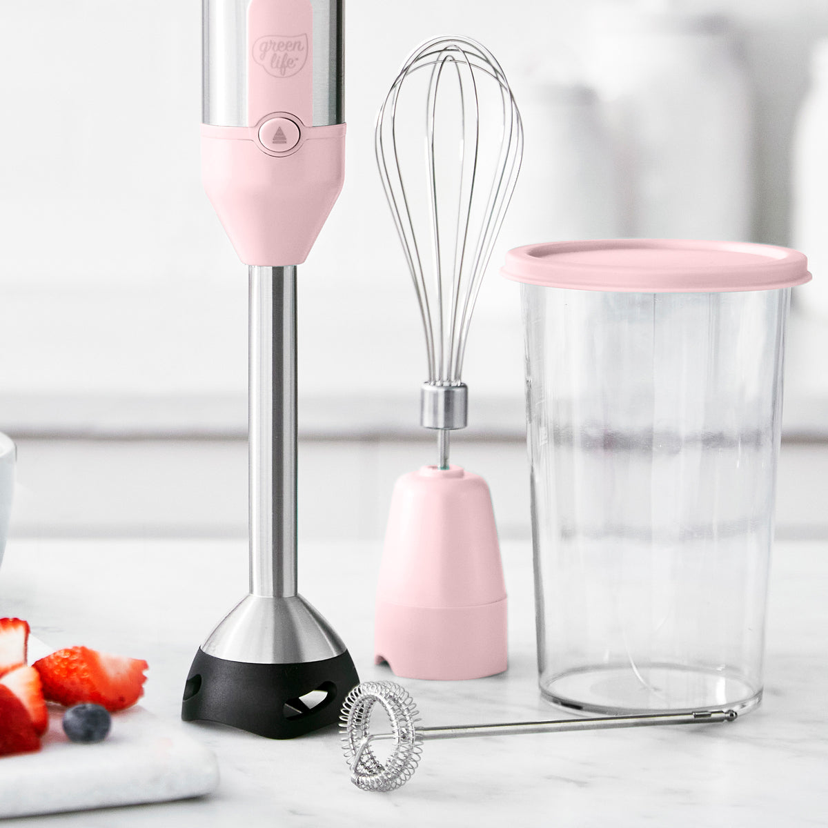 GreenLife Variable Speed Hand Blender with 5 Speeds - Powerful 250W Immersion Blender for Smoothies, Soups & Sauces - Easy Clean Pink Kitchen Blender (Ideal for Baby Food, Protein Shakes & Baking)