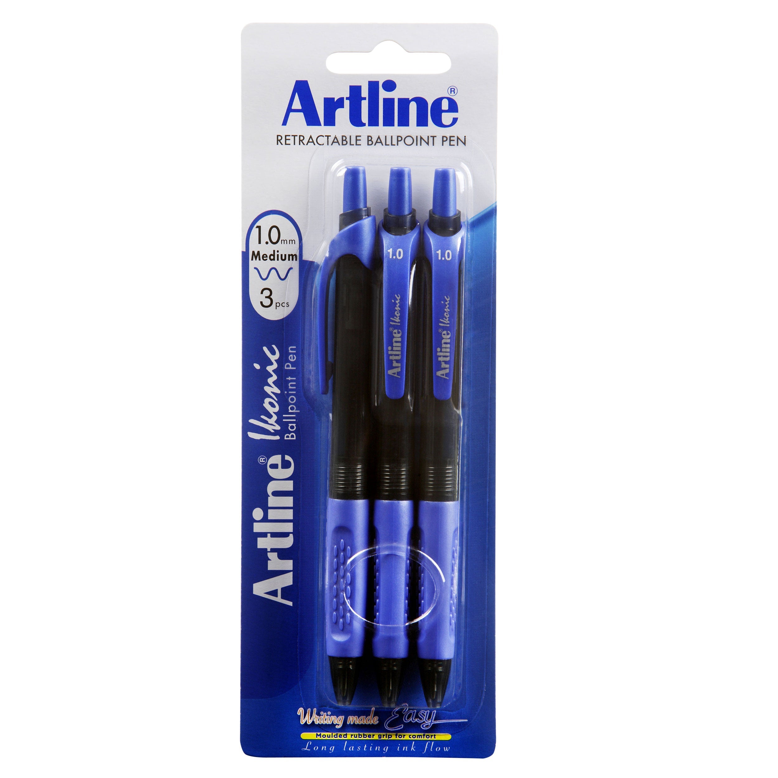 Artline Ikonic Retractable Ballpoint Pens - Medium Tip, Blue Ink, 3-Pack - Perfect for Office, School & Everyday Writing Needs
