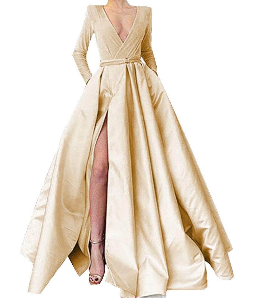 Honeydress Women's V-Neck Prom Dress Long Sleeve Velvet Satin Formal Evening Gown with Pockets - Pale Champagne for Homecoming, Wedding Guest & Special Occasions
