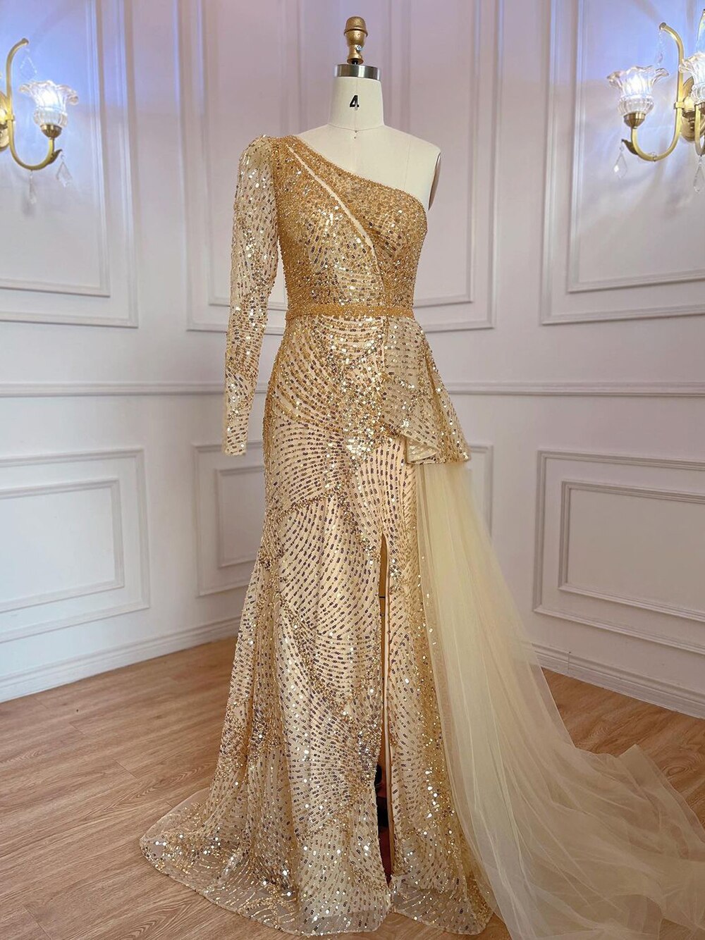 Elegant Gold Mermaid Evening Gown with Beaded One Shoulder & High Slit - Luxury Women's Party Dress for Prom, Gala & Special Occasions - Serene Hill LA71890