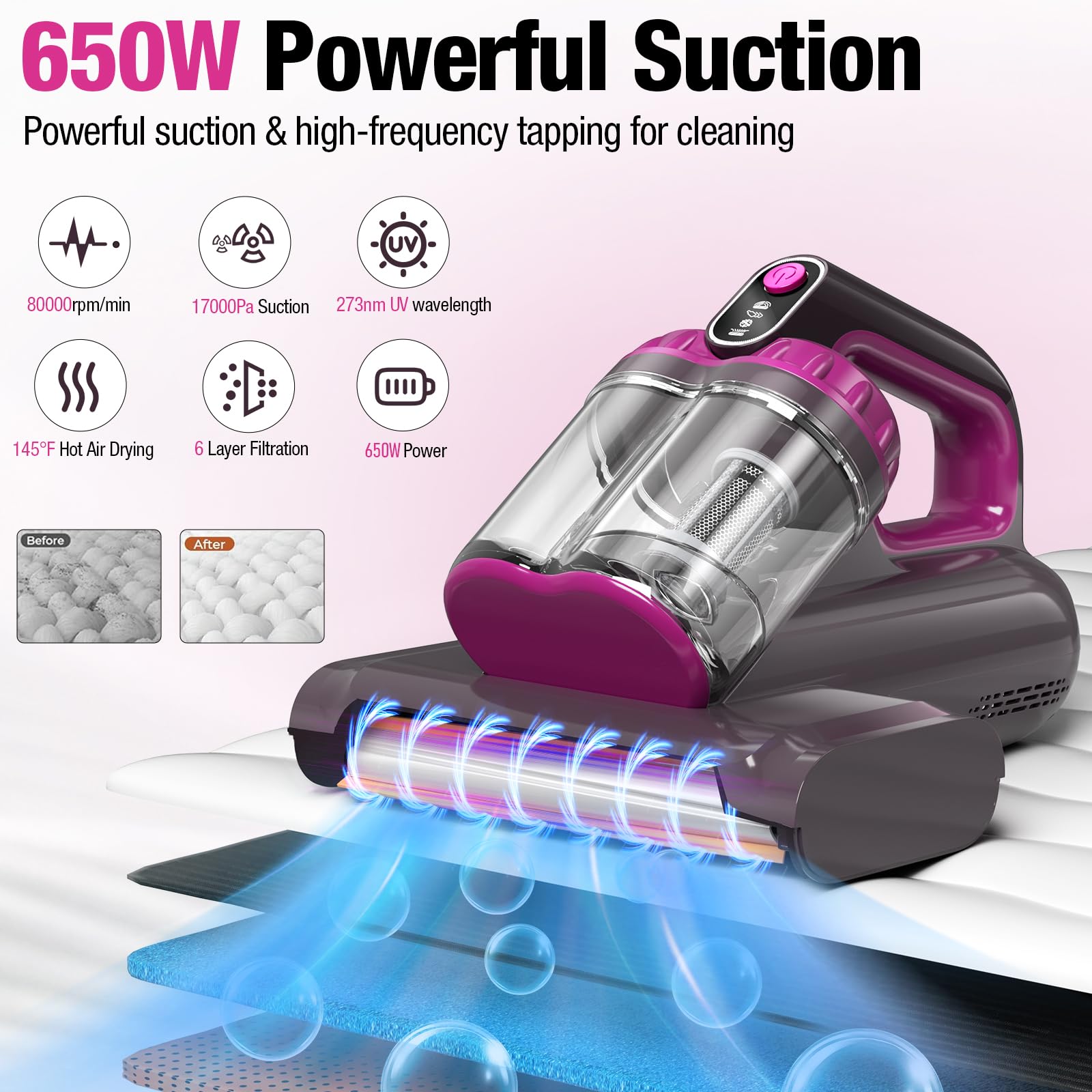 17KPa 650W Mattress Vacuum Cleaner with 273nm UV-C Light & 145°F Ultrasonic Heating - 80,000 RPM Brushroll, Wide Suction for Pillows, Cribs, Sofa (Black, Corded) - Perfect for Allergy Relief & Deep Cleaning Beds, Furniture & Baby Items