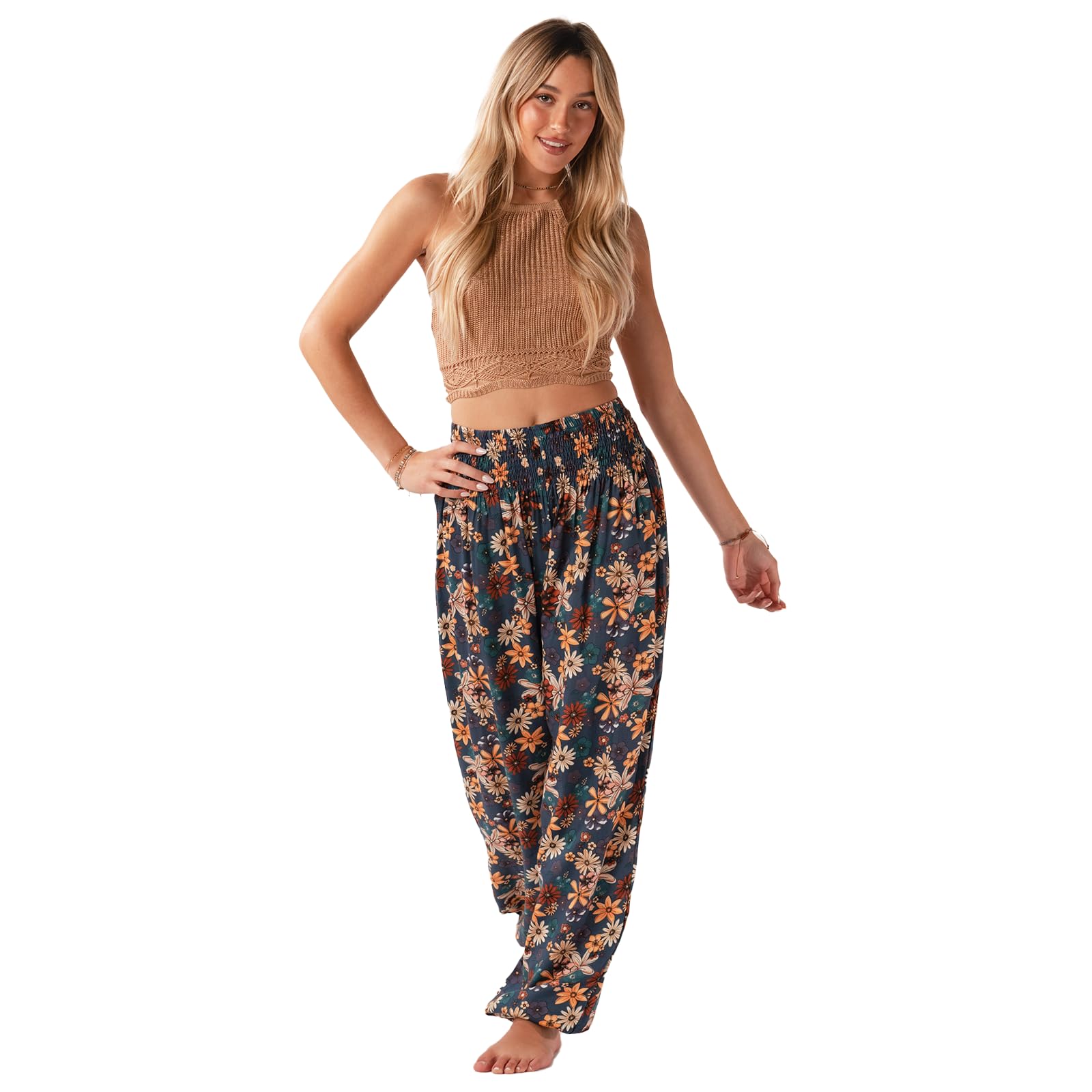 Lotus and Luna Women's High Waisted Harem Pants - Boho Flowy Yoga Pants for Beach, Lounge & Travel - Comfortable Thai Genie Pants for Meditation, Yoga & Casual Wear