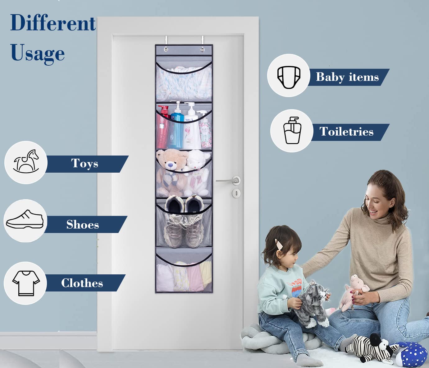 KEETDY Over The Door Hanging Shelves - 5-Pocket Storage Organizer for Closet, Bedroom & Bathroom - Space Saving Solution for Towels, Toys & Accessories - 2 Pack (Grey)