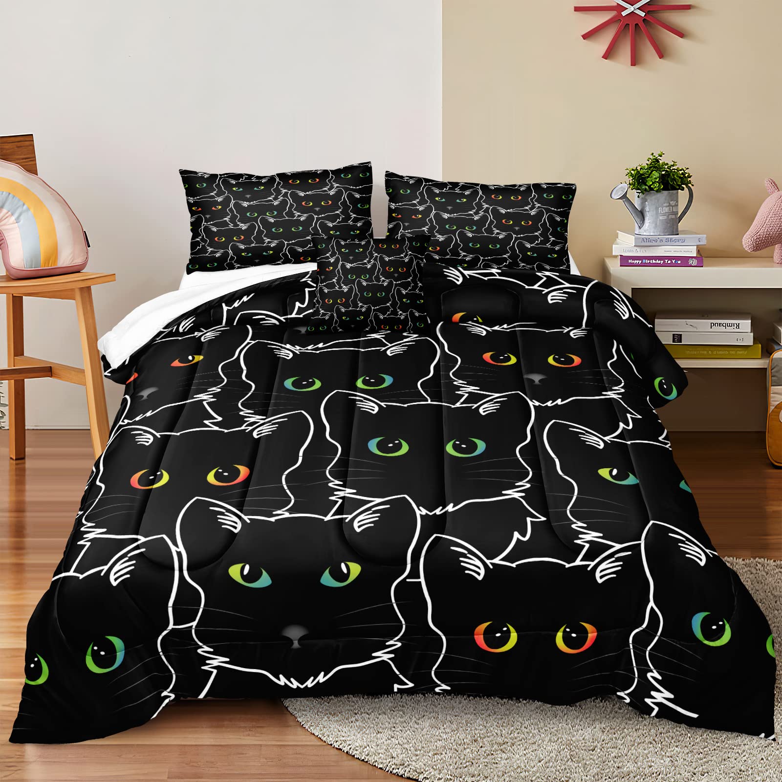 **Cartoon Cat Twin Size Kids Bedding Set - 3 Piece Comforter, Pillowcase & Cushion Cover - Cute Kawaii Kitten Pattern for Boys & Girls - Perfect for Bedroom Decor, Sleepovers & Cozy Nights**