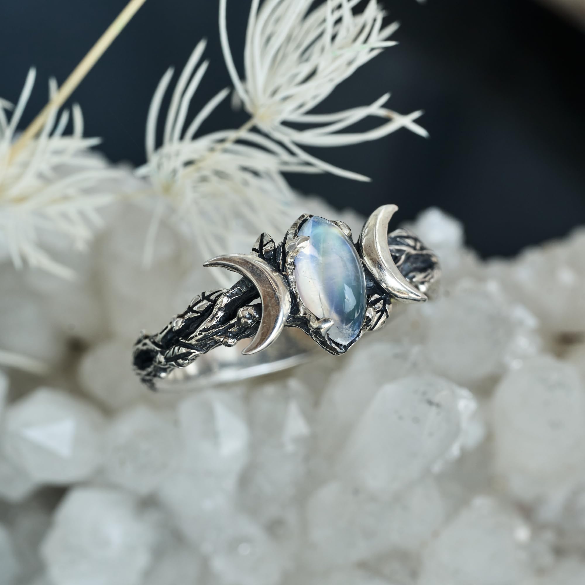 BlackTree 925 Sterling Silver Moonstone Ring - Marquise Cut Rainbow Moonstone Handmade Celestial Jewelry for Women | Size 3 US | Perfect for Engagement, Wedding, Anniversary & Boho Fashion