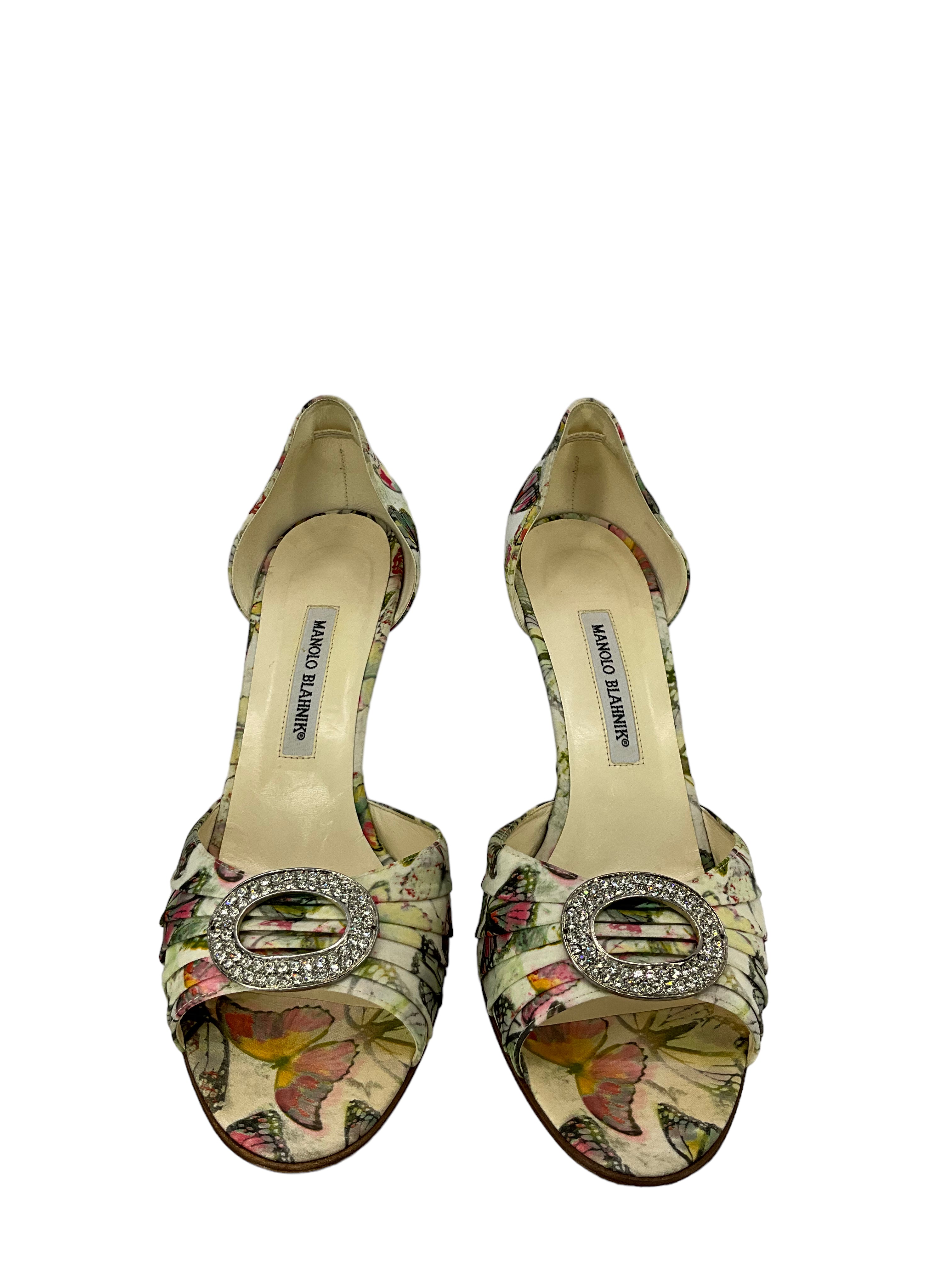 Manolo Blahnik Women's Size 11 Fabric Butterfly Print Pumps - Elegant Heels for Weddings, Parties & Special Occasions