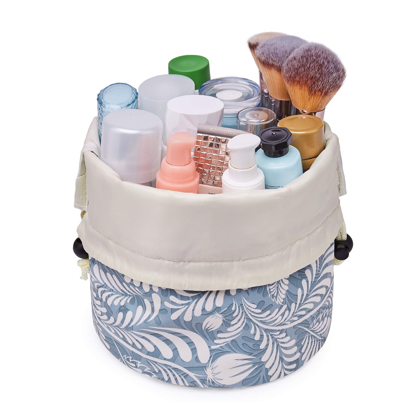 Waterproof Large Drawstring Makeup Bag for Women - Travel Cosmetic Organizer with Barrel Design (Blue Leaf Pattern) | Perfect for Gym, Beach & Weekend Getaways