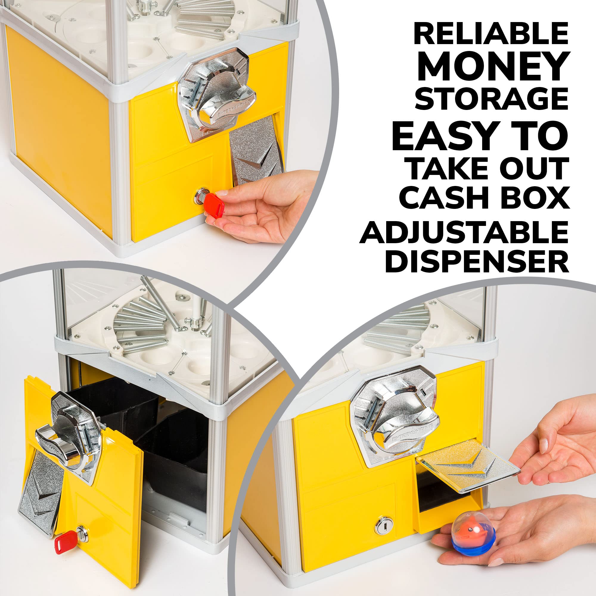 Commercial Big Capsule Vending Machine with Stand - 2 Inch Round Capsule Prize Dispenser for Gumballs, Bouncy Balls & Toys - Yellow Arcade Vending Machine for Malls, Arcades, Restaurants & Retail Stores