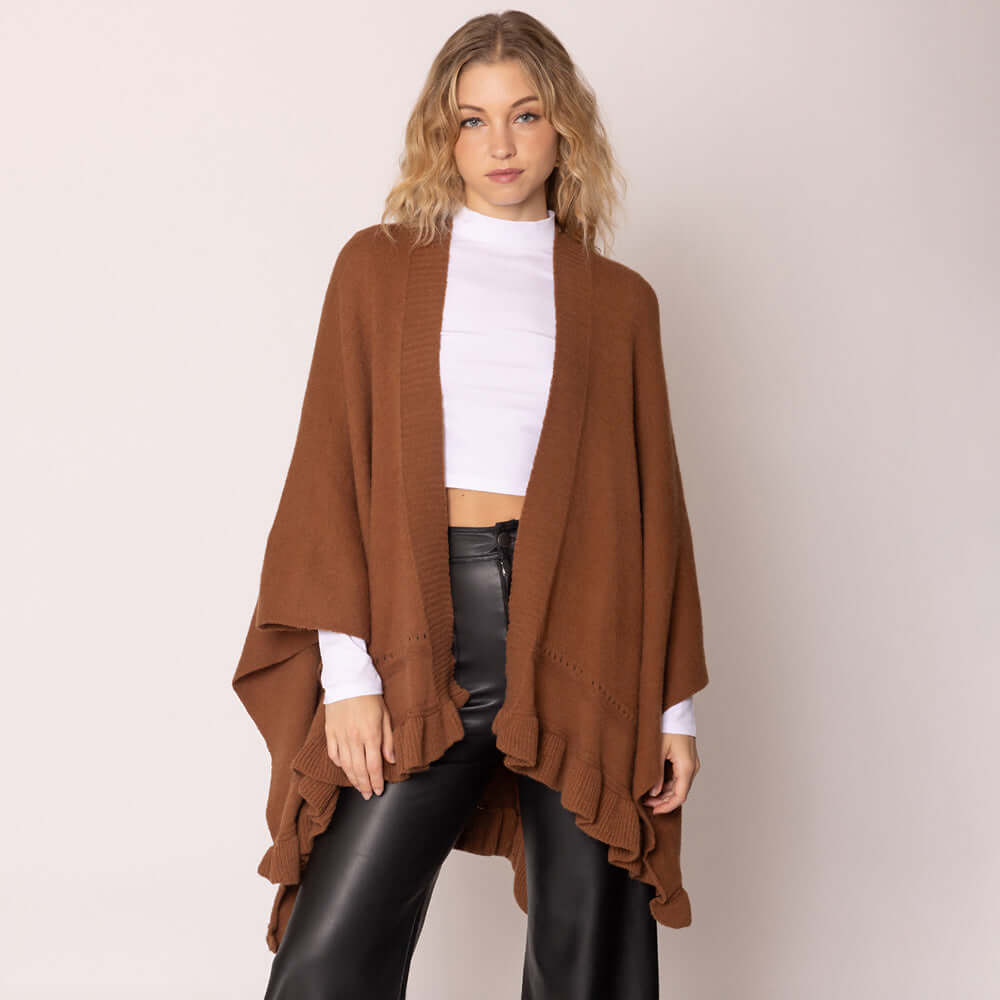 Brown Ruffle Hem Knit Ruana Wrap - Women's Boho Cardigan Shawl for Fall & Winter - Perfect for Office, Date Night and Casual Outings