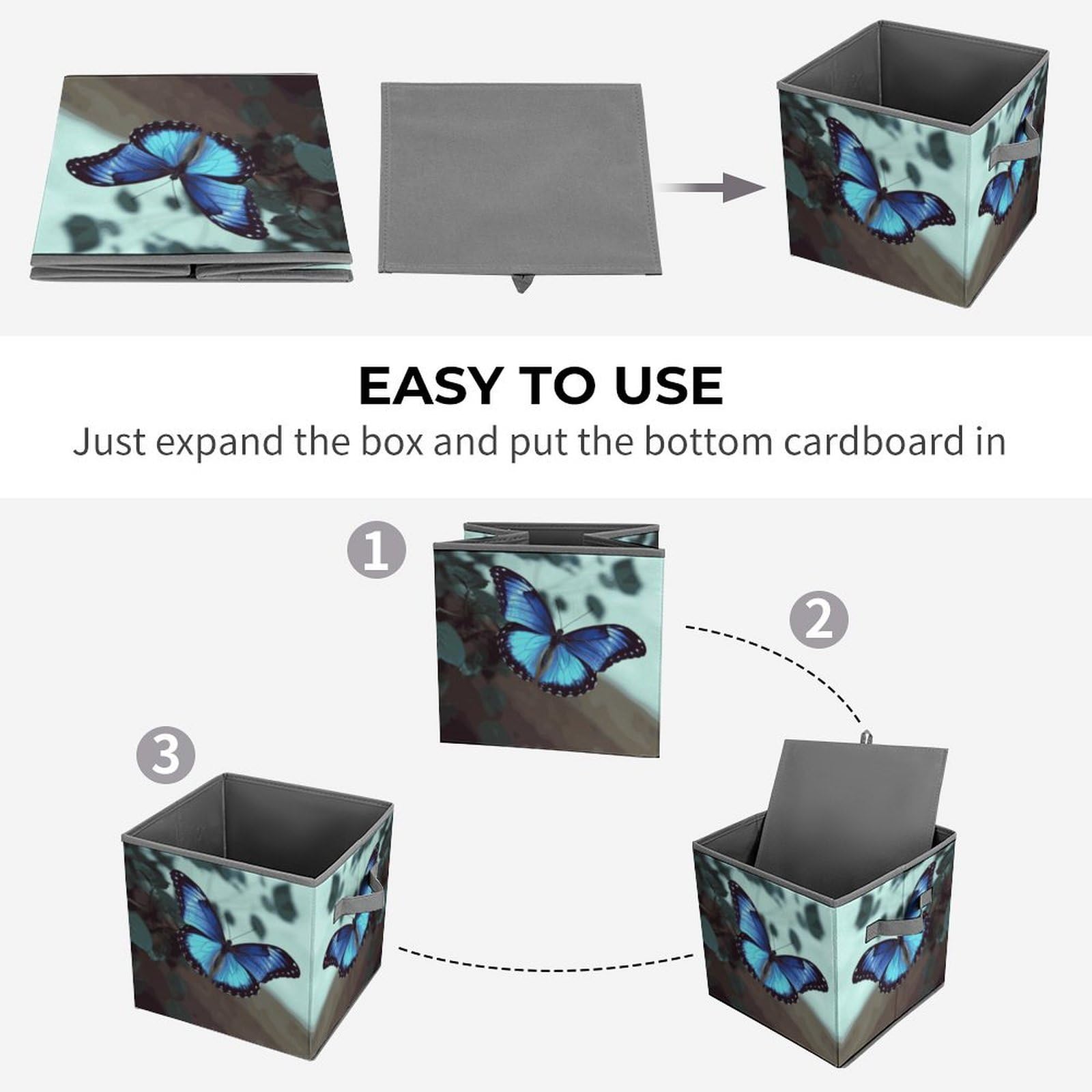 Foldable Blue Butterfly Storage Cubes with Handles - Closet Organizer Bins for Clothes, Shelves & Cabinets | Perfect for Bedroom, Kids Room & Dorm Organization