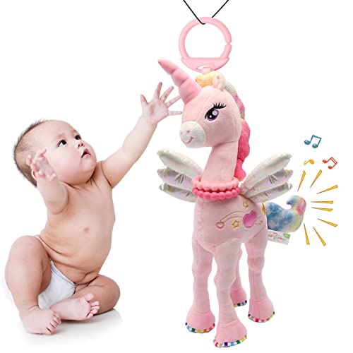 Pegasus Baby Car Stroller & Crib Rattle Toy - Soft Plush Hanging Animal Car Seat Toy with Gentle Sounds for Newborns | Perfect Infant Developmental Gift for Girls & Boys (Pink) | Great for Stroller Entertainment, Nursery Decor & Sensory Play