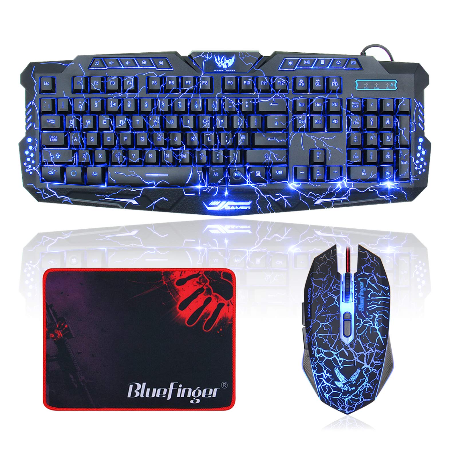 BlueFinger Gaming Keyboard and Mouse Combo - USB Wired Backlit Keyboard with 3-Color LED Illumination & Glowing Letters, Ergonomic Gaming Mouse - Perfect for PC Gaming, Office Work, and Late-Night Typing
