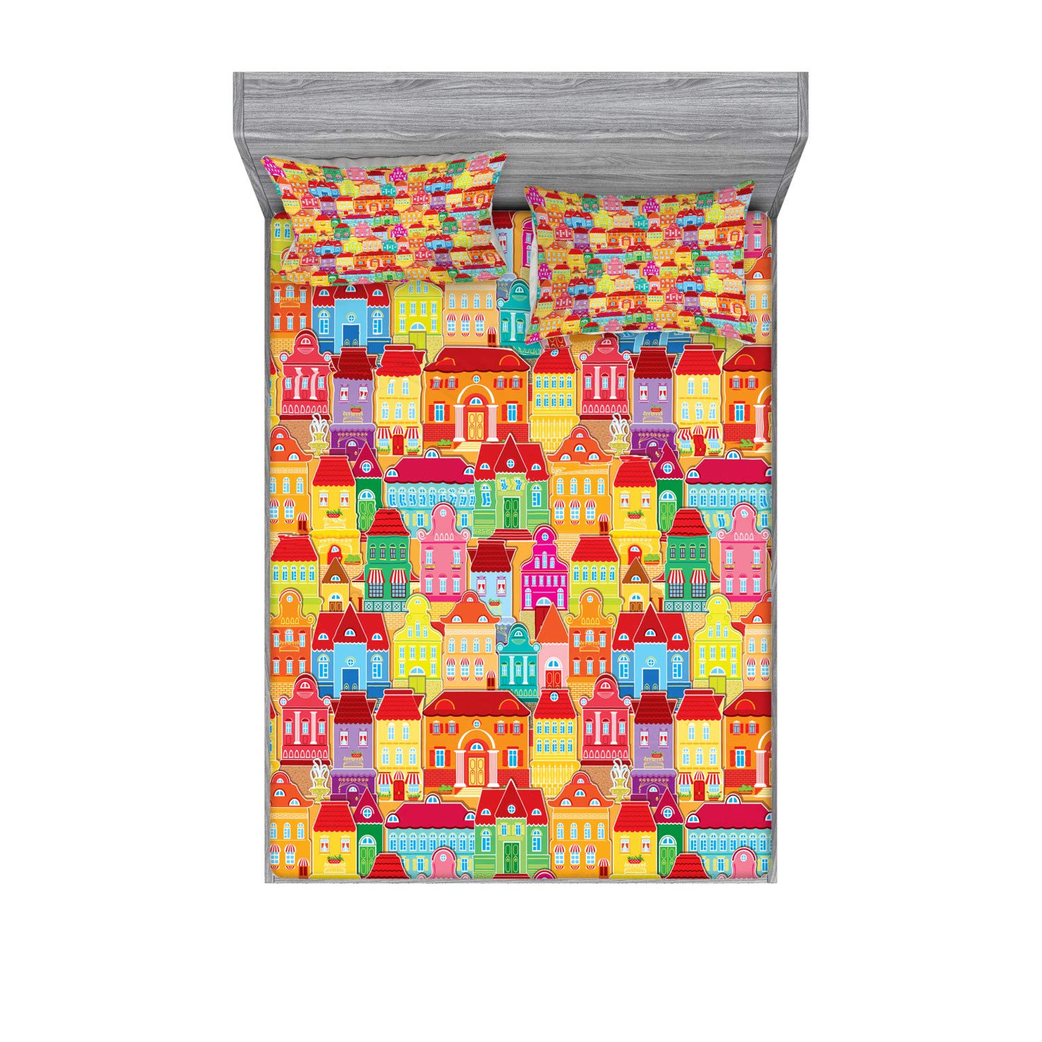 Ambesonne Cityscape Cartoons Fitted Sheet & Pillow Sham Set | European Architecture Art Houses with Pillars & Fountains | Urban View Printed 3-Piece Bedding Decor | Full Size Multicolor | Perfect for Modern Bedrooms, Guest Rooms & Dorm Decor