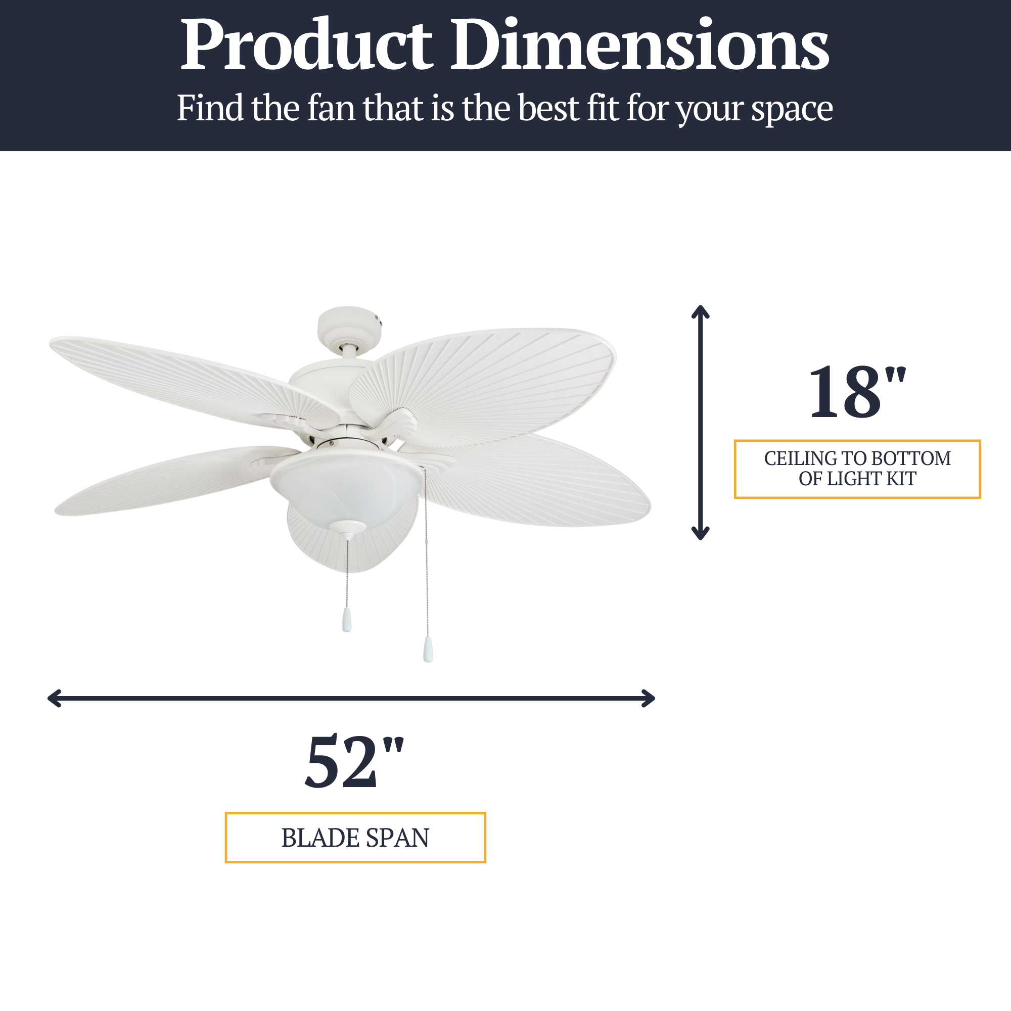 52 Inch Solana White Ceiling Fan with Pull Chain - Indoor/Outdoor Use for Living Room, Bedroom, Patio & Covered Porch