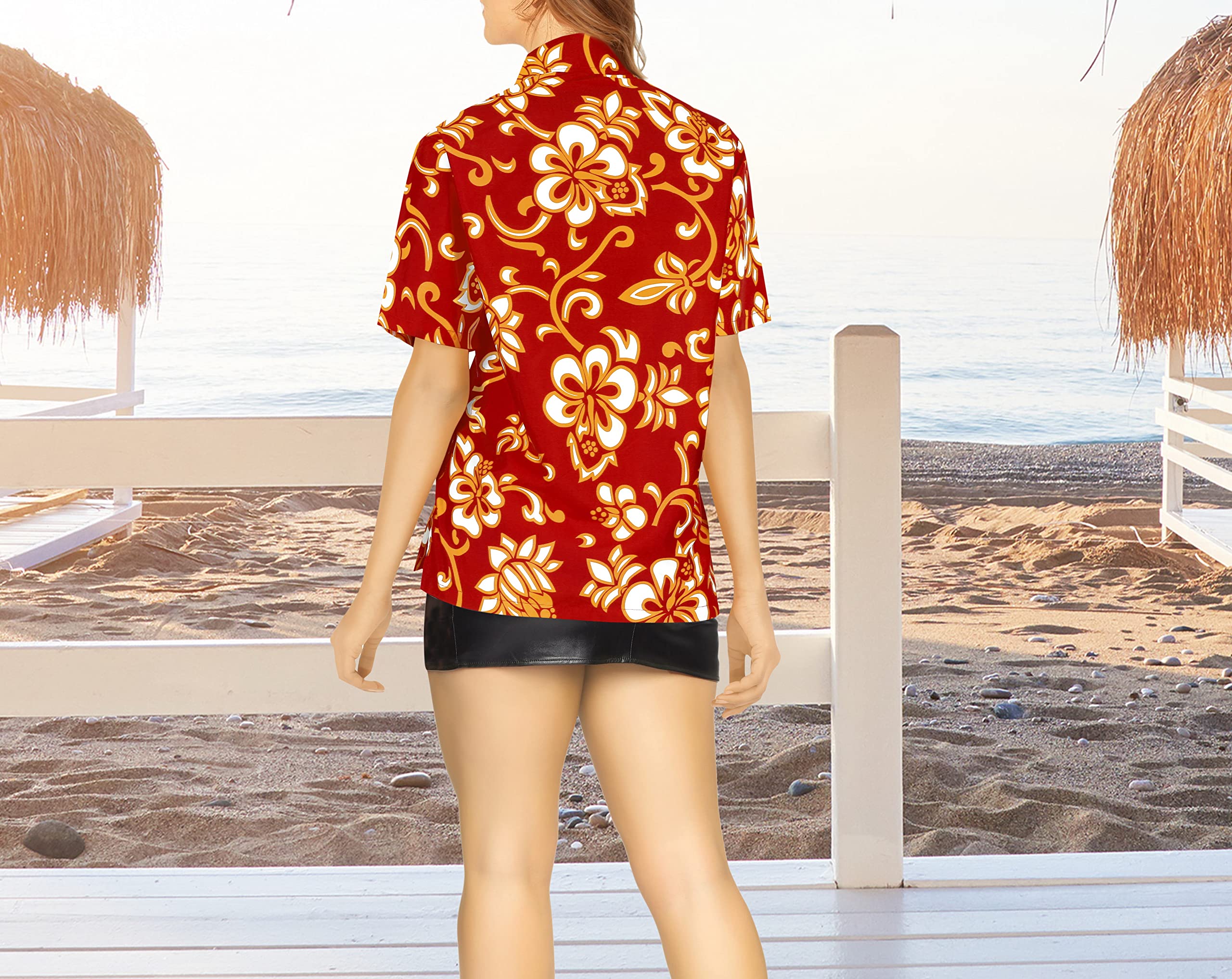 LA LEELA Women's Hawaiian Short Sleeve Beach Blouse Shirt - Tropical Floral Print Vacation Top for Summer, Pool Party & Island Getaway