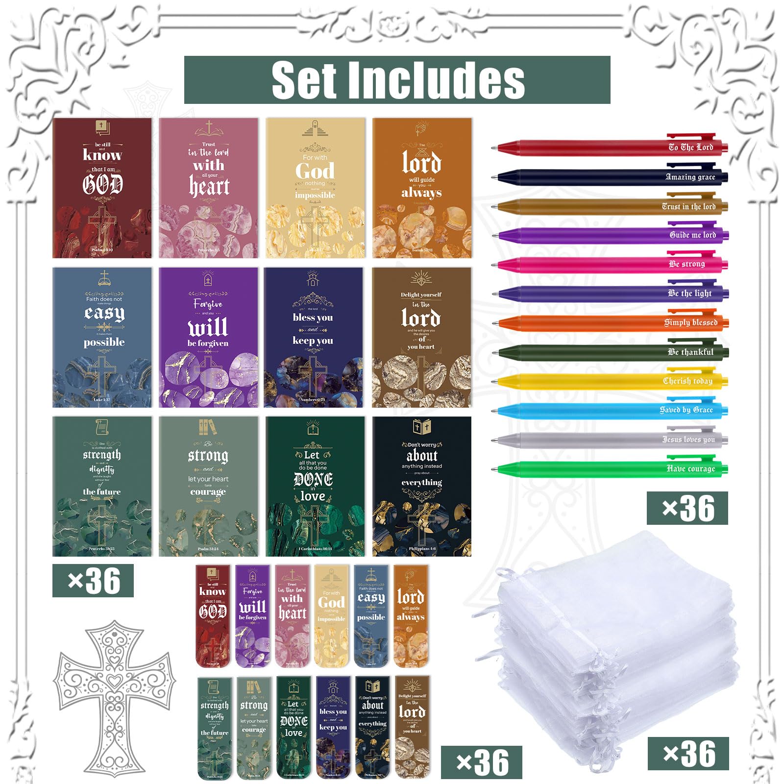 144 Pcs Christian Gift Set - Bible Notebooks, Scripture Bookmarks, Pens & Organza Bags for Church, School & Office - Inspirational Religious Gifts for Baptism, Confirmation & Bible Study