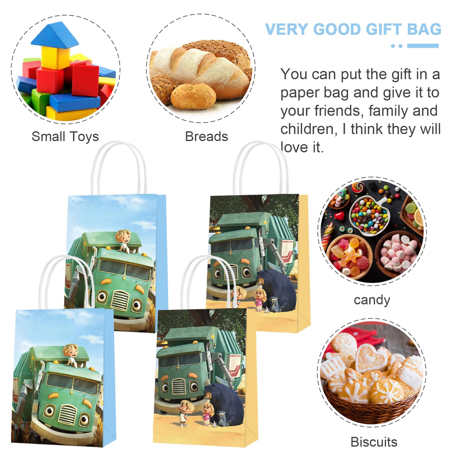 16 Pcs Trash Truck Themed Party Favor Bags with Handles - 2 Styles for Kids Birthday Party Supplies, Goodie Bags for Candy & Gifts - Perfect for Trash Truck Themed Decorations, Boys & Girls Birthday Parties, Baby Showers & School Events