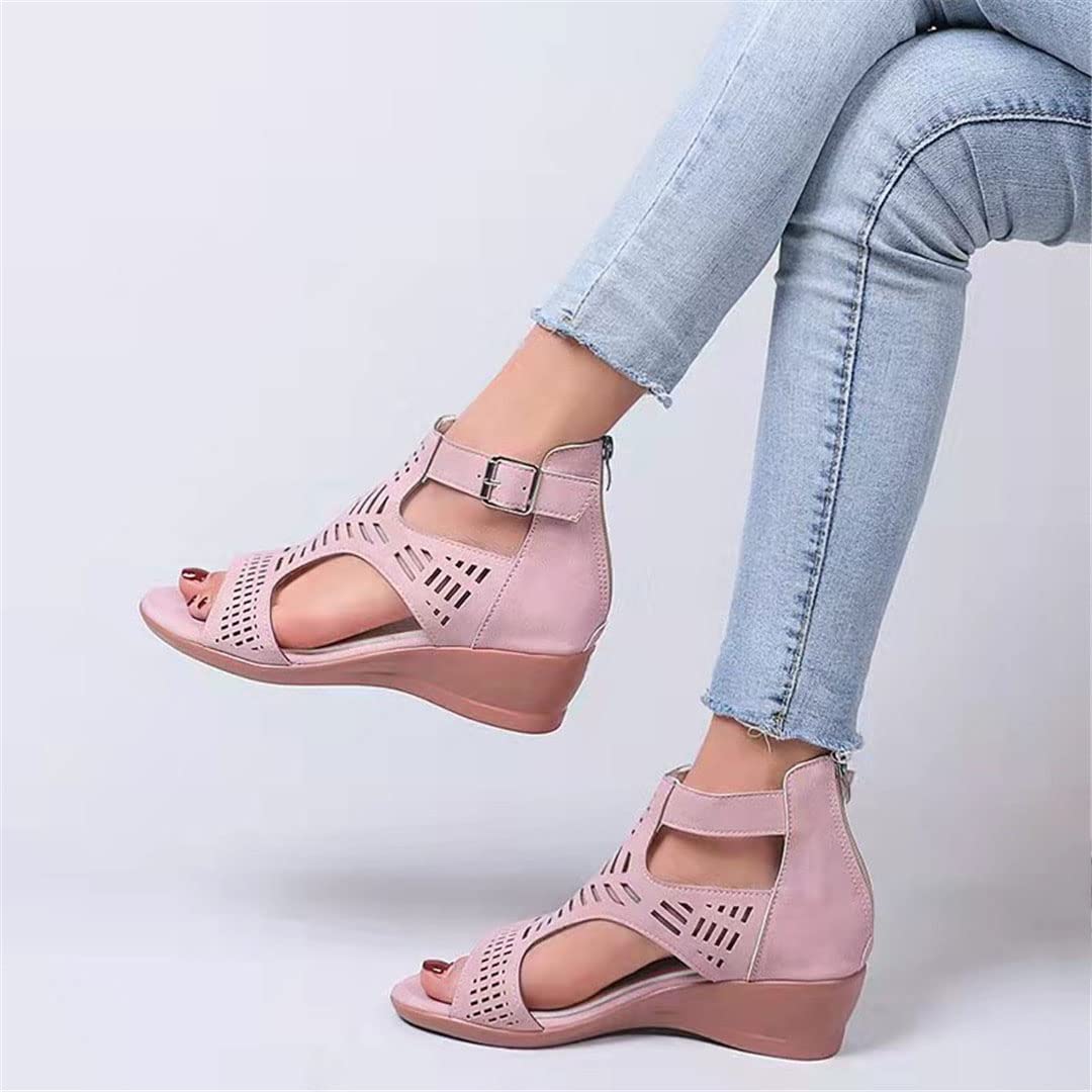 Women's Summer Wedge Sandals - Casual Round Toe Retro Sandals with Breathable Openwork Design - Large Size Comfortable Footwear for Beach, Vacation & Daily Wear