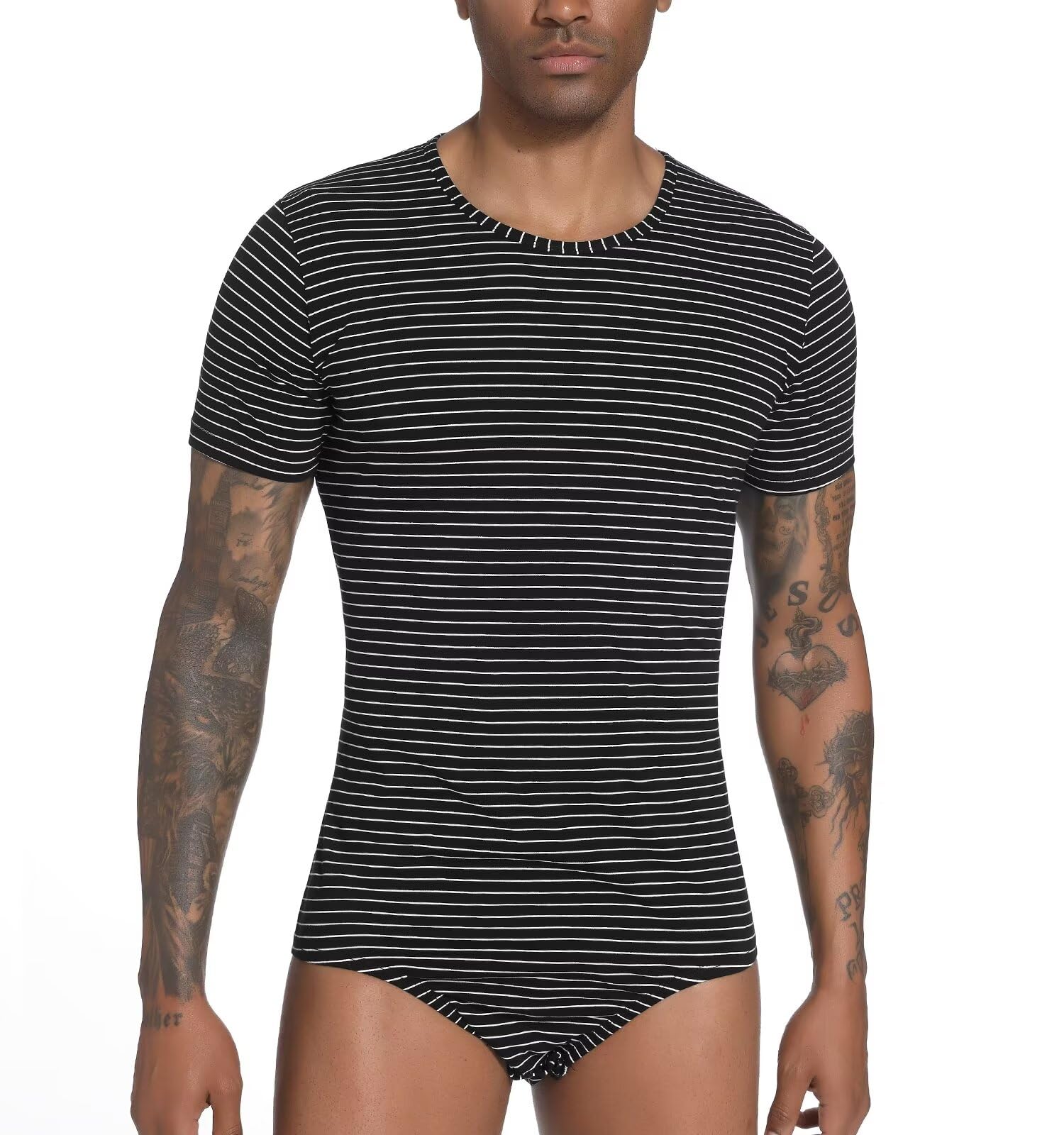 Men's Short Sleeve Striped Romper Pajama - Comfortable One-Piece Sleepwear for Lounge & Home Wear - Perfect for Sleepovers, Relaxing at Home, and Summer Nights