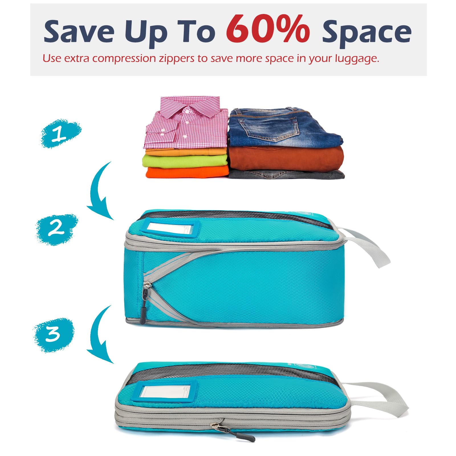 4/6 Set Expandable Compression Packing Cubes with Label - Travel Organizer for Suitcase & Carry On Luggage - Perfect for Business Trips, Vacations & Weekend Getaways