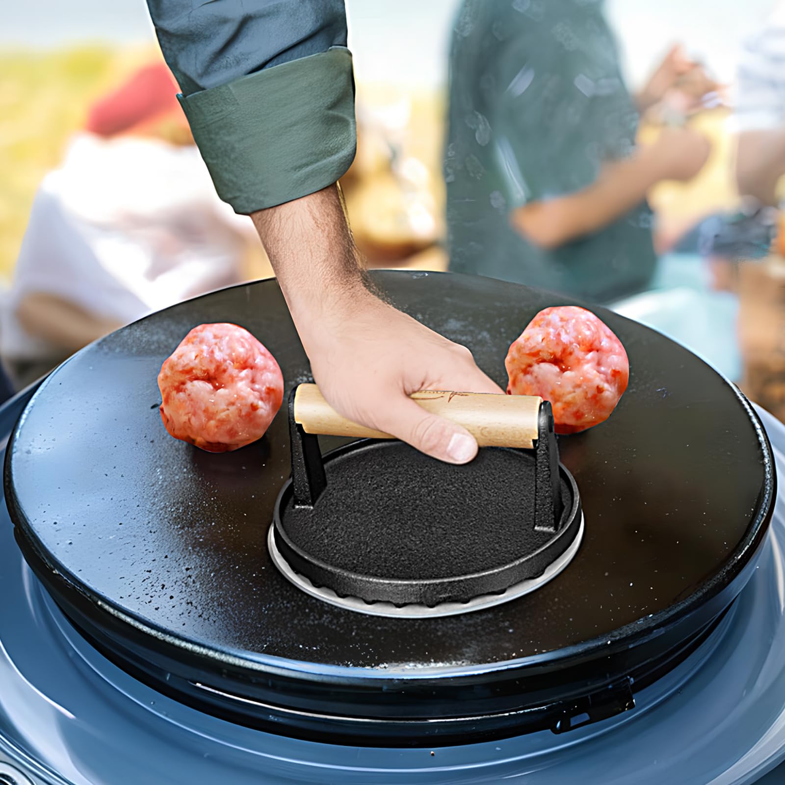 6.88 Inch Cast Iron Smash Burger Press with Wooden Handle - Heavy Duty Bacon Press & Hamburger Patty Maker for Grills & Griddles - Includes 20 Patty Papers - Perfect for Backyard BBQs, Diners & Home Cooking
