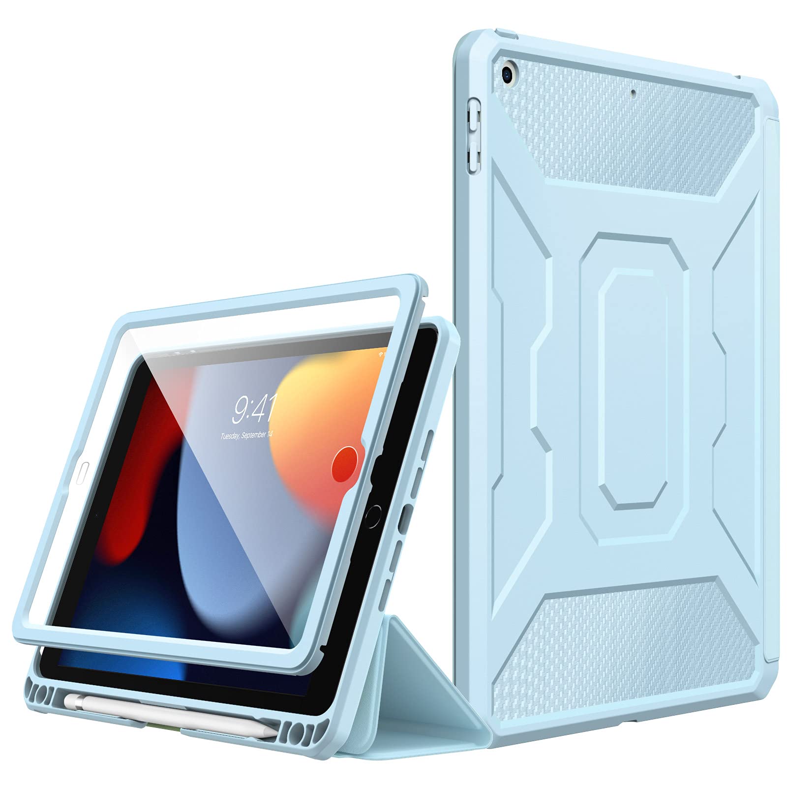MoKo Shockproof Case for iPad 10.2-inch (9th/8th/7th Generation 2021/2020/2019) - Built-in Screen Protector & Pencil Holder, Auto Sleep/Wake, Full Body Protection - Sky Blue | Perfect for Work, School & Travel