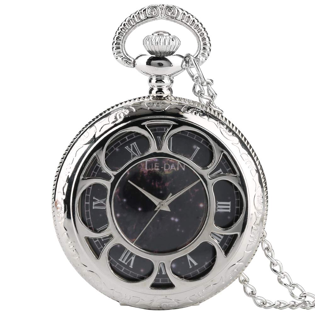 Elegant Silver Pocket Watch for Women - Star Pattern Quartz Watch with Chain for Gifts & Collectibles