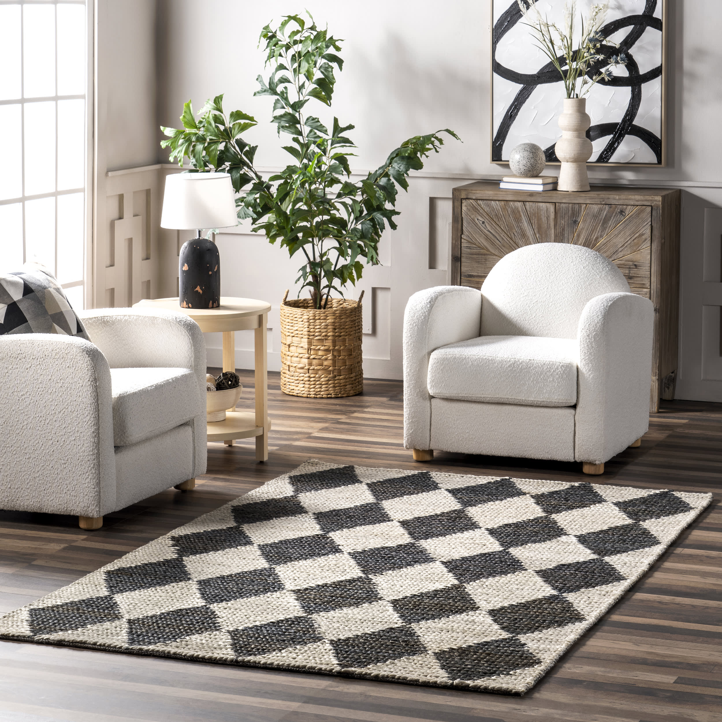 Deja Diamond Jute Trellis Rug - Natural Charcoal Woven Jute Area Rug for Living Room, Bedroom, Dining Room | Eco-Friendly Home Decor & Bohemian Style Floor Mat