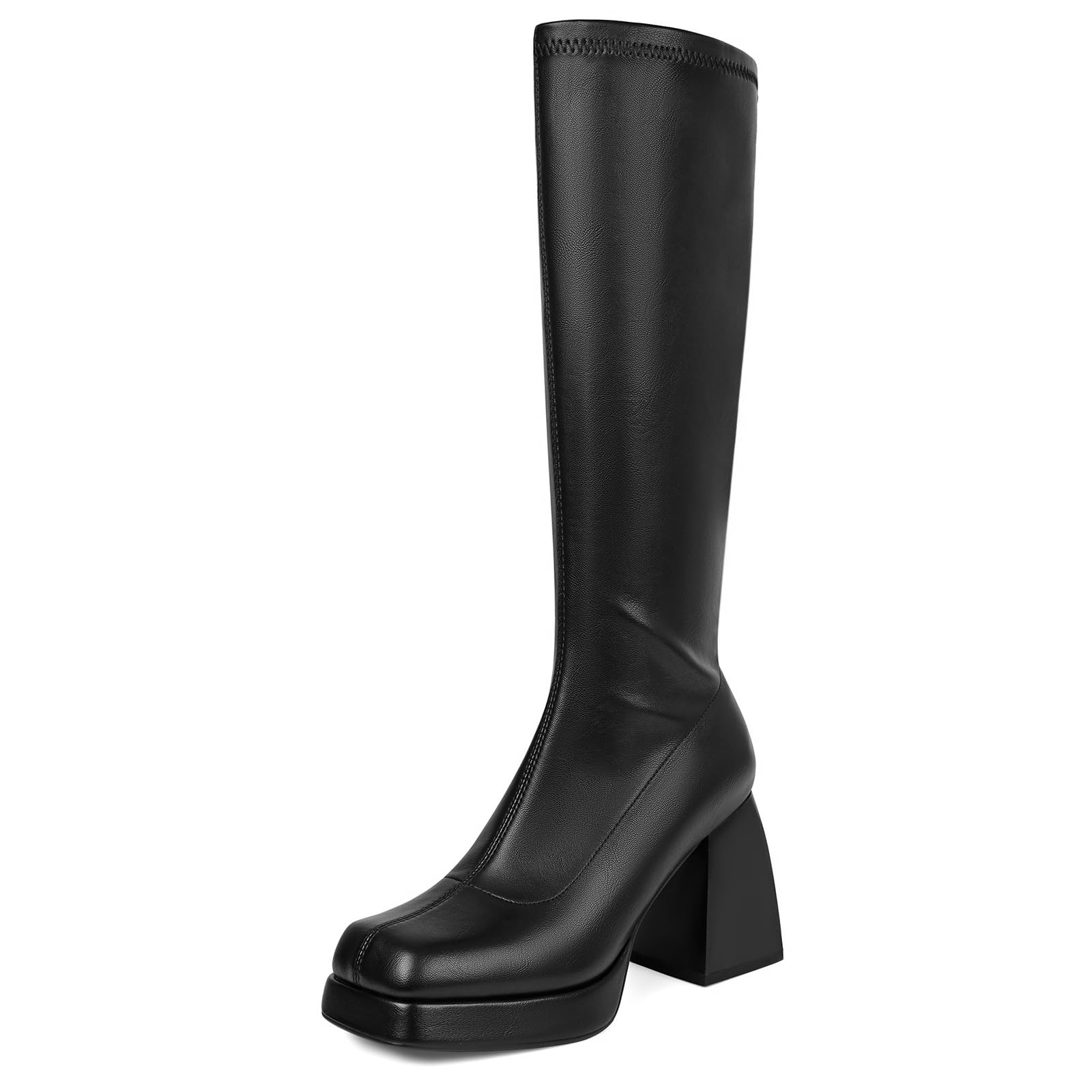 SOVANYOU Women's Black Leather Platform Boots - Square Toe Chunky Block Heel Ankle Boots for Casual Wear, Night Out & Fall Fashion