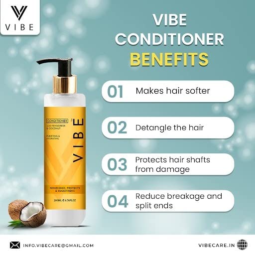 VIBE Hair Fall Defense Conditioner for Men & Women with Fenugreek & Coconut Extract | Purifying & Hydrating Hair Treatment | Prevents Breakage & Hair Loss | Sulfate-Free Hair Care Conditioner - 200ml | Perfect for Daily Use & Damaged Hair Repair
