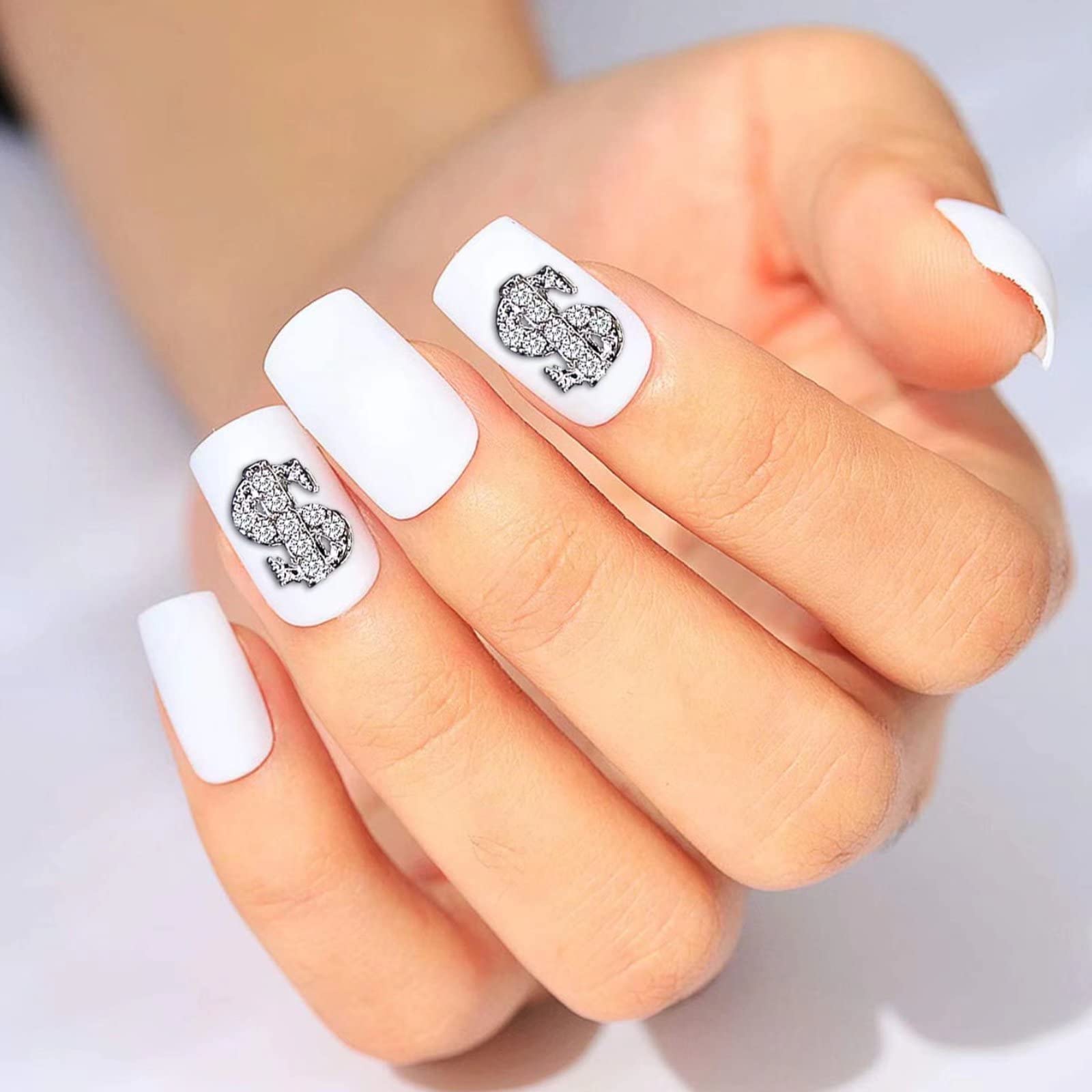 RUNRAYAY 40Pcs 3D Silver Dollar Sign Nail Charms with Rhinestones - Nail Art Studs & Diamond Decorations for DIY Manicure, Retro Nail Jewelry - Perfect for Parties, Weddings, and Special Occasions