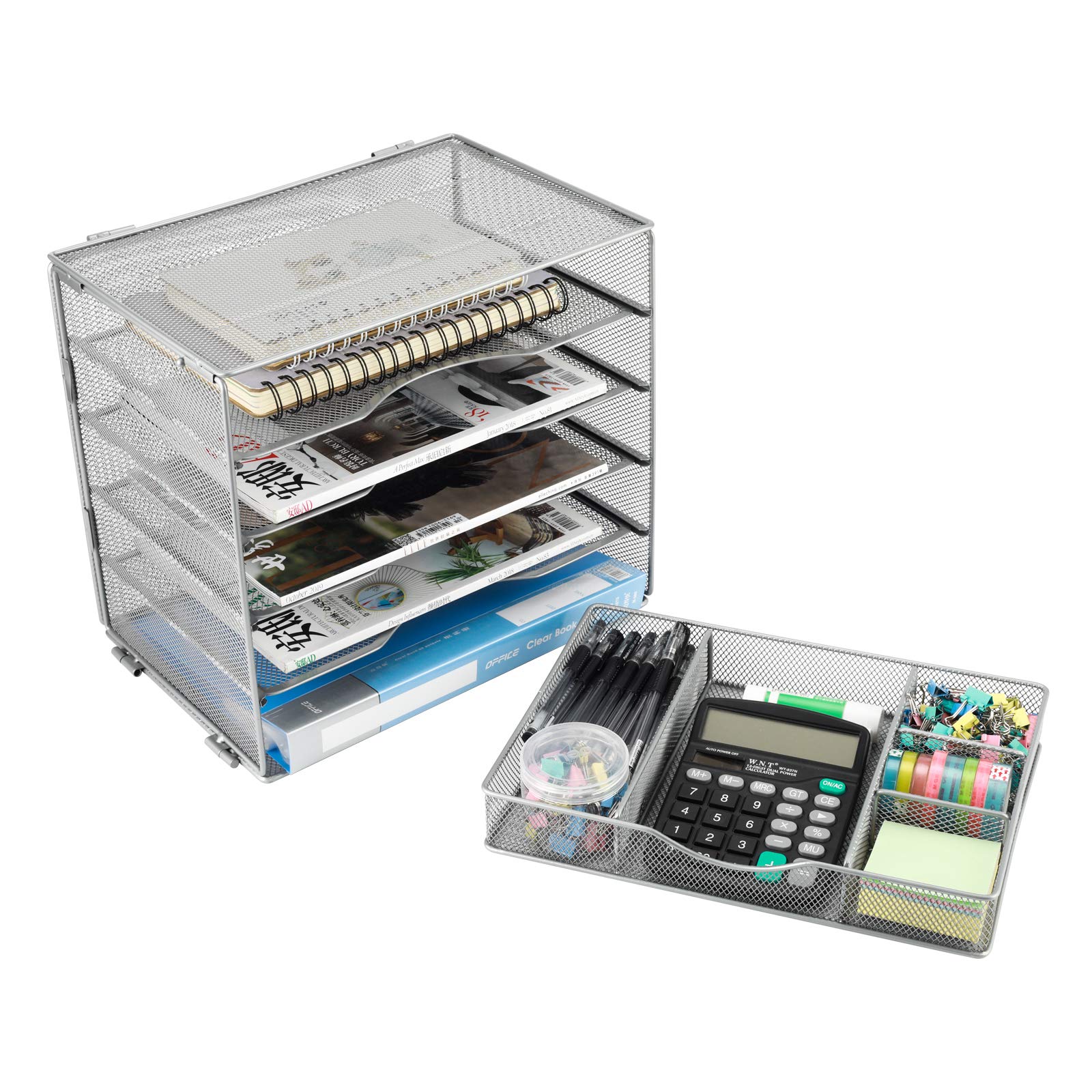 5-Tier Mesh Desk Organizer with Drawer - Silver Office File Sorter for Paper Storage | Perfect for Home, Office & Classroom Organization