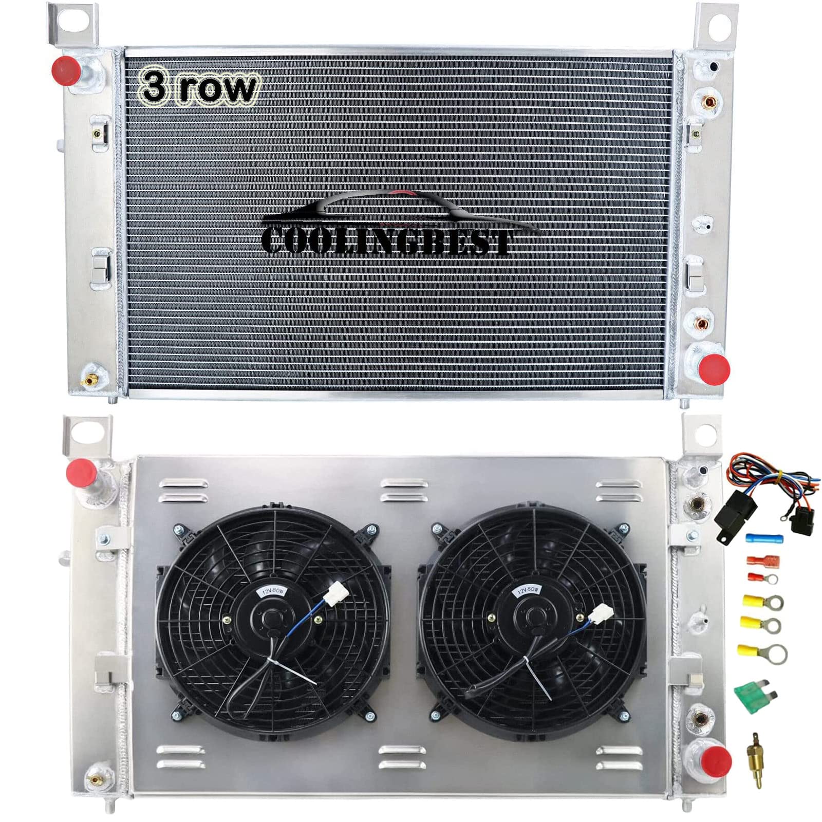 High-Performance 3 Row Aluminum Radiator for 1999-2013 Chevy GMC Silverado 1500 2500 Tahoe 4.8L/5.3L V8 - Crossflow Design with Electric Fan Shroud & Thermostat Kit - Perfect for Off-Roading, Towing & High-Temperature Conditions