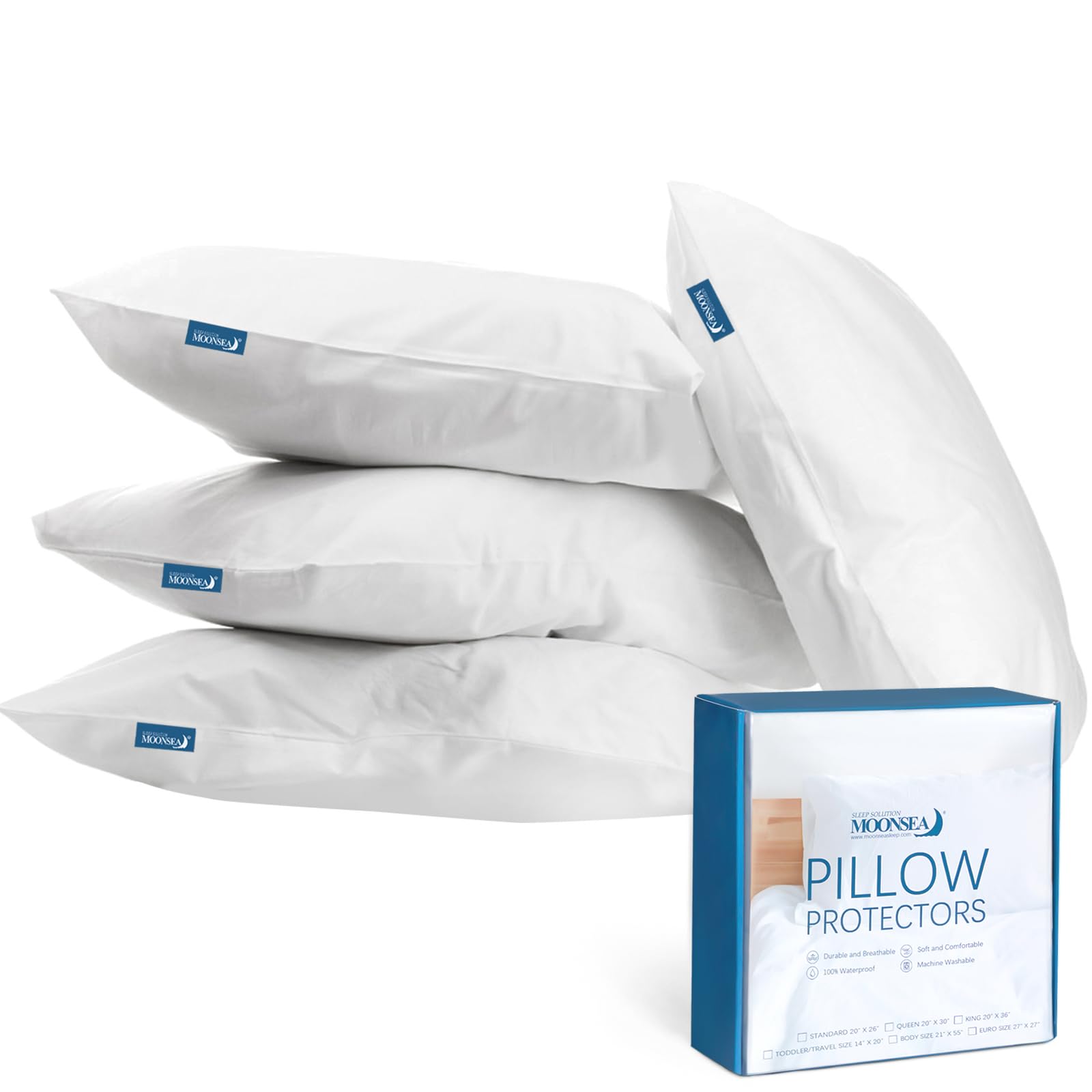 Waterproof King Size Pillow Protector with Zipper - 4 Pack (20x36 Inch) - Hypoallergenic Pillow Cover Encasement for Dust Mites & Allergies - Perfect for Bedrooms, Hotels, and Allergy Relief (White)