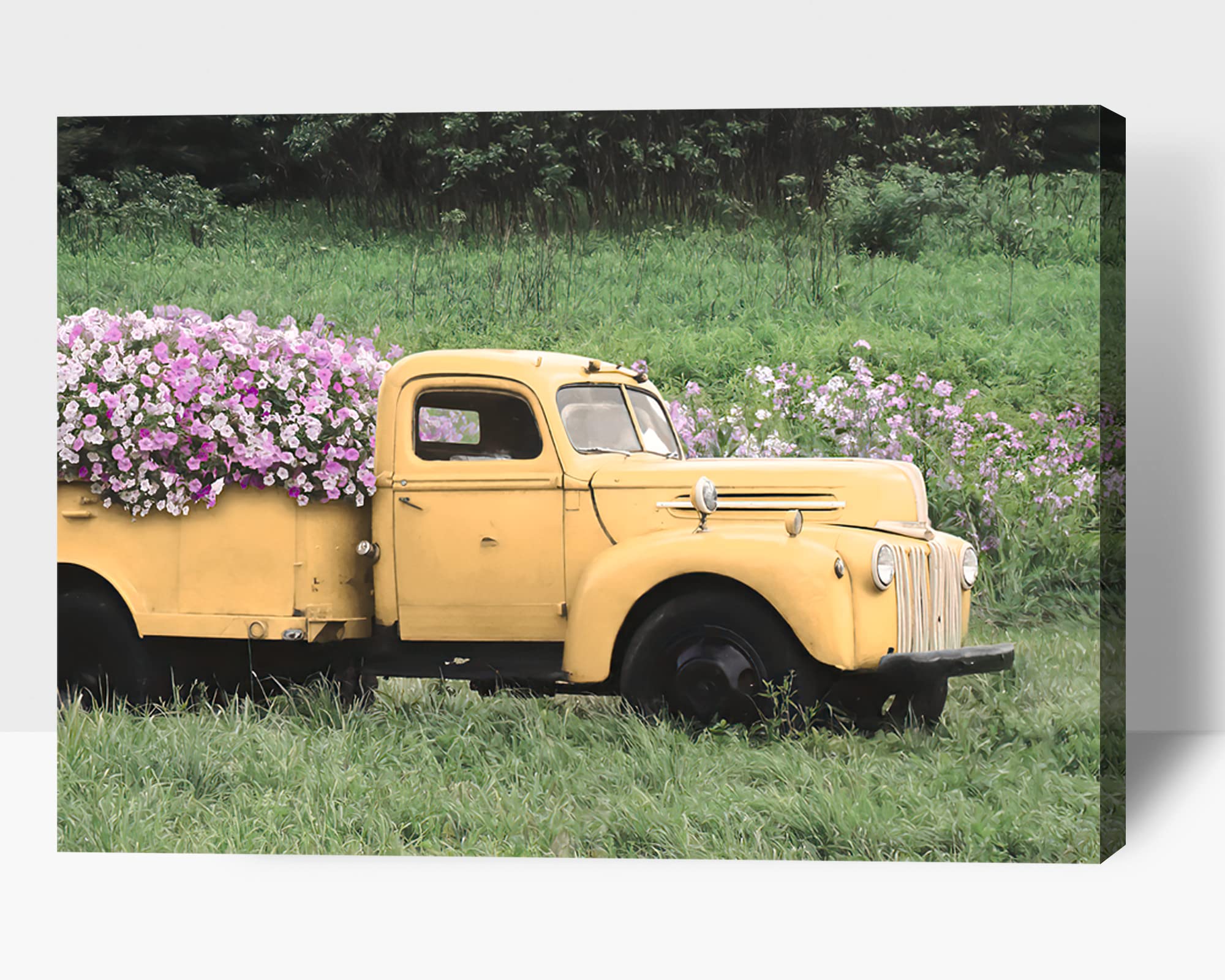 Vintage Yellow Truck Farmhouse Canvas Wall Art - Rustic Countryside Floral Painting Print for Living Room & Bedroom Decor (28x40 Inch) | Perfect for Farmhouse, Cottage & Country Style Home Decor