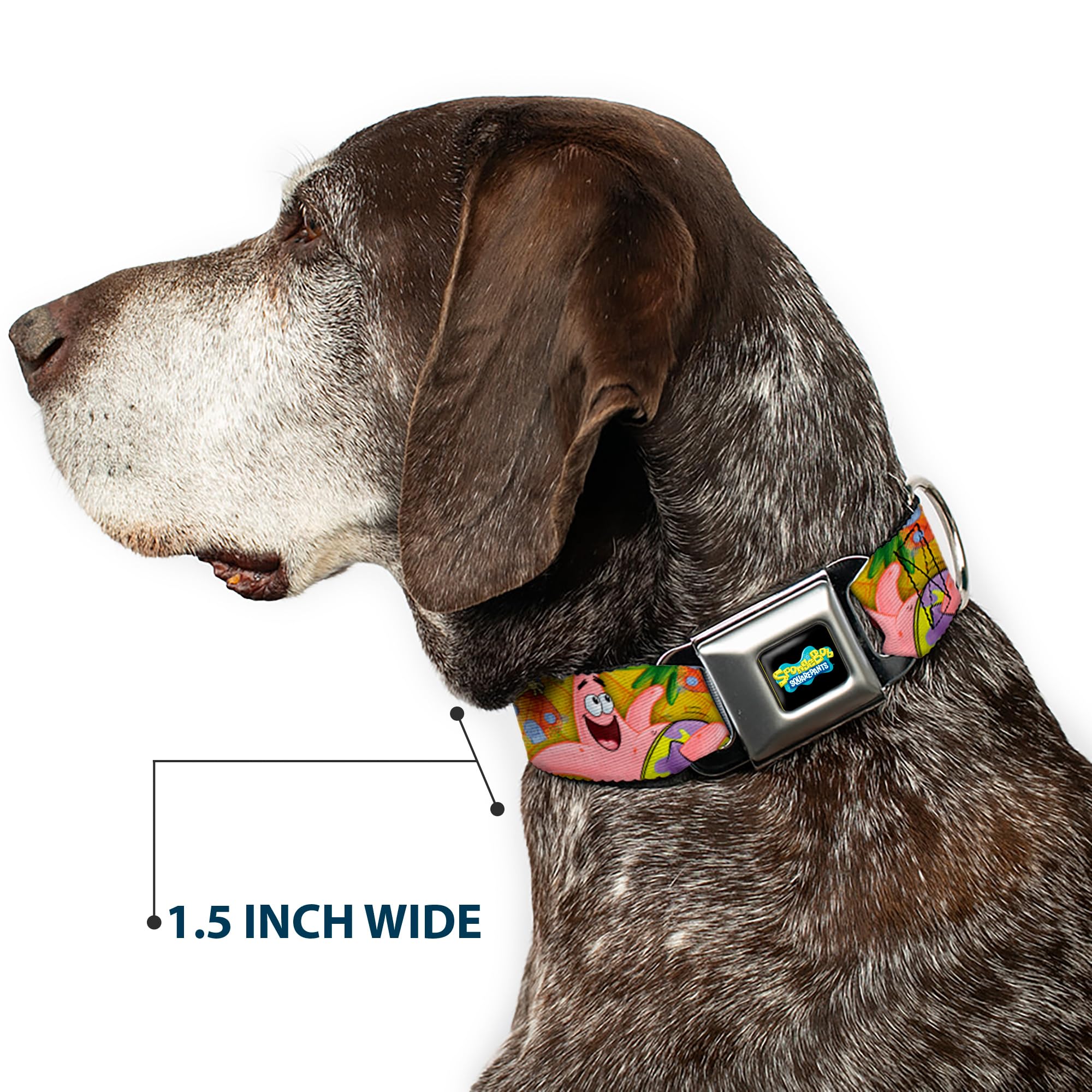 Spongebob & Patrick Starfish Dog Collar with Seatbelt Buckle - Adjustable 11-17 Inches, 1.0 Inch Wide - Fun Pineapple Design for Small & Medium Dogs - Perfect for Car Rides, Walks & Costume Parties