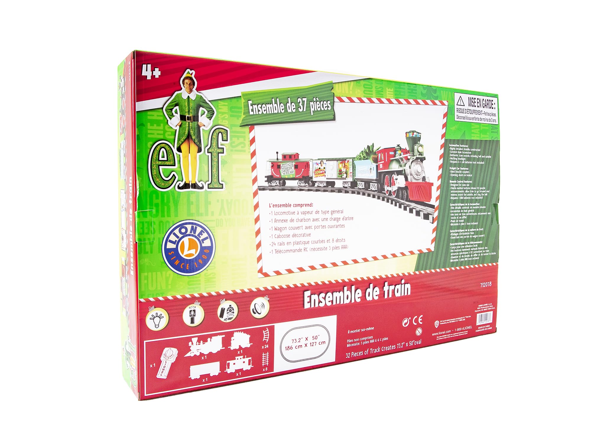 Lionel Battery-Powered Elf Toy Train Set with Locomotive, 4 Train Cars, 8-Piece Track & Remote Control - Realistic Train Sounds & LED Lights for Kids Ages 4+ | Perfect for Christmas Decorations, Birthday Gifts & Holiday Playtime