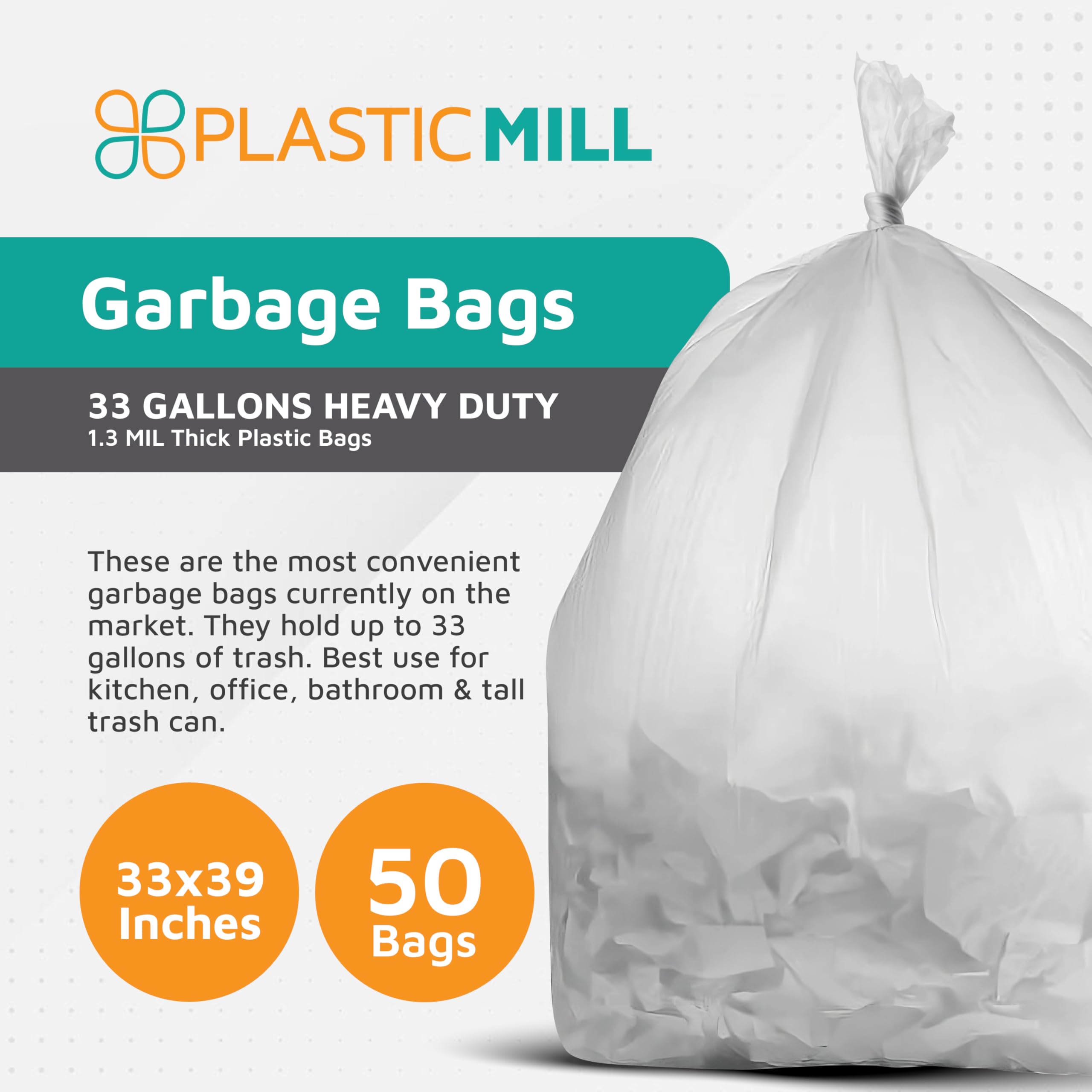 PlasticMill Heavy Duty 33-Gallon Clear Trash Bags - 1.3 Mil Thick Large Kitchen Garbage Bags, 33