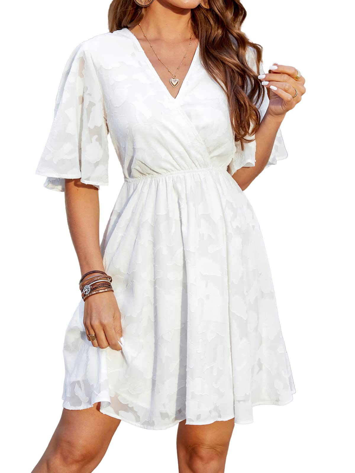 CUPSHE Women's Floral Jacquard V-Neck Mini Dress with Flared Sleeves | A-Line Flowy Summer Dress for Beach, Party & Date Night