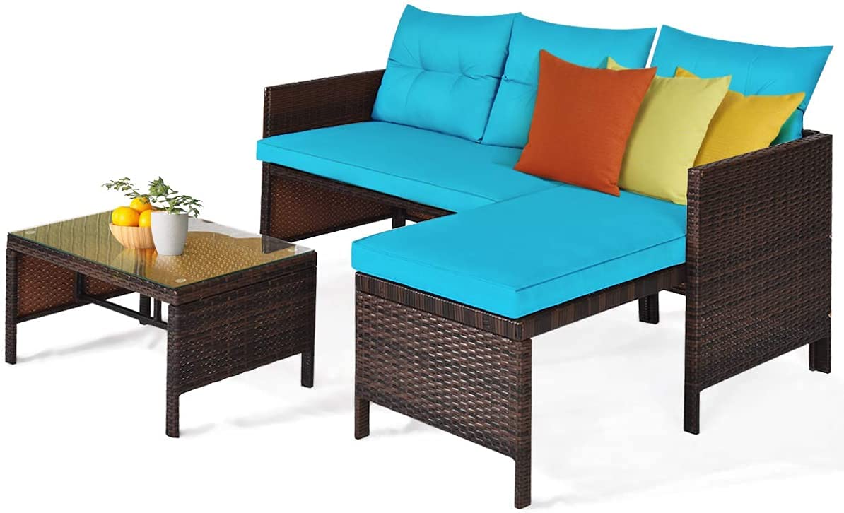 3 Piece Patio Corner Sofa Set - Rattan Outdoor Sectional Furniture with Lounge Chaise, Loveseat & Coffee Table - Modern Garden Poolside Backyard Furniture for Relaxing & Entertaining