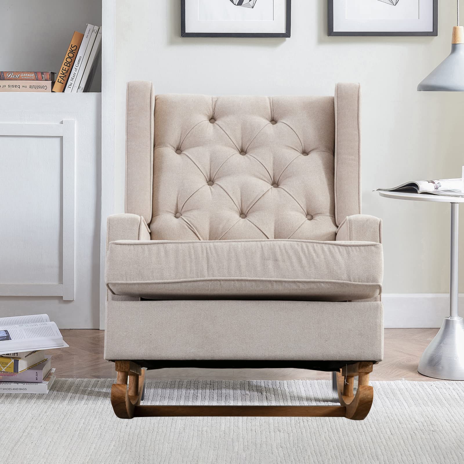 Modern Tufted Wingback Rocking Chair - Nursery Accent Chair & Baby Upholstered Glider Rocker for Bedroom, Living Room, Study | Blue & Beige Options | Perfect for Nursing, Reading & Relaxing
